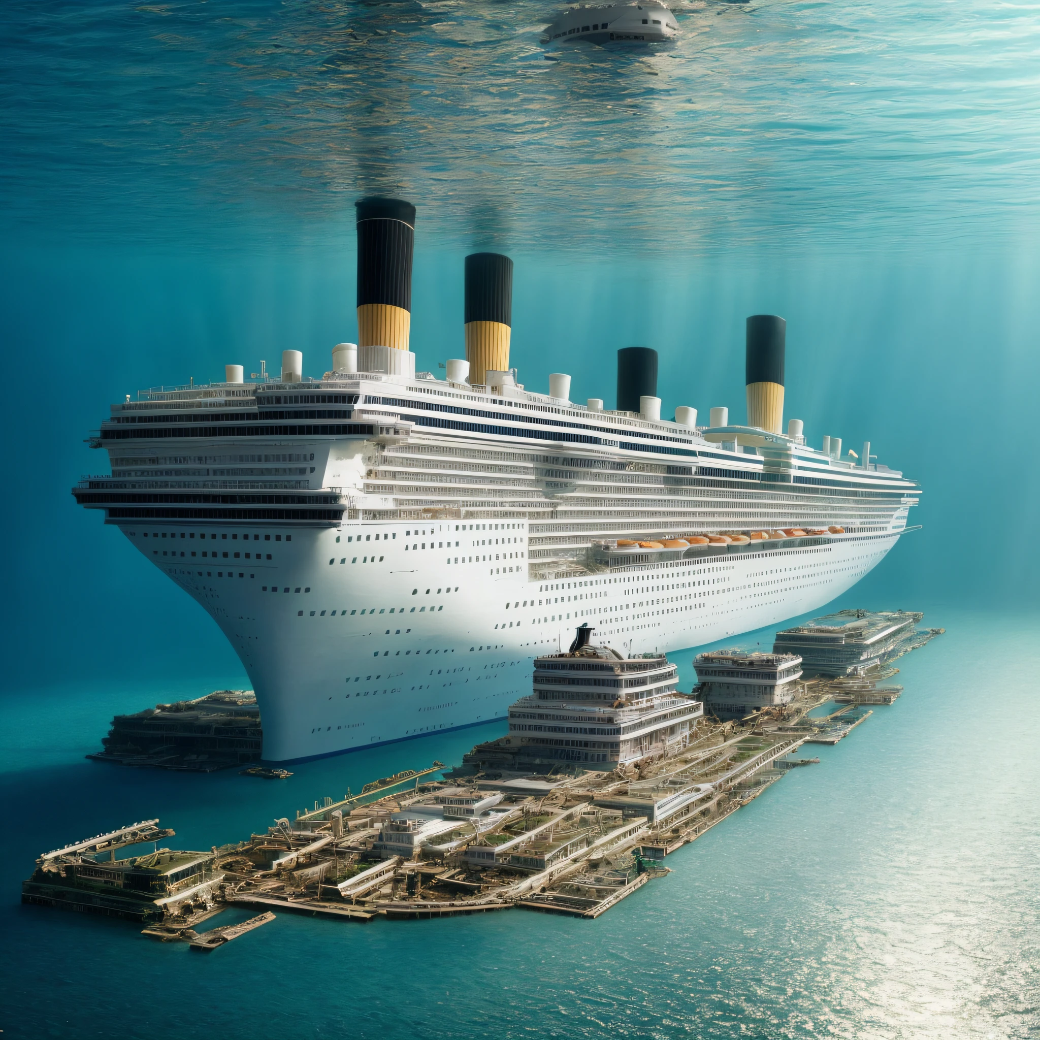 There is a large cruise ship floating in the water, Water surrounds the boat, atlantean, futuristic underwater metropolis, Floating palace, sunken ships, author：Mike Winckelman, Floating City, inspired by Mike Winkelmann, The Titanic is sinking, inspired by Chris Foss, Exterior of the Titanic, Submerged on Titan, in a sci-fi shipping port