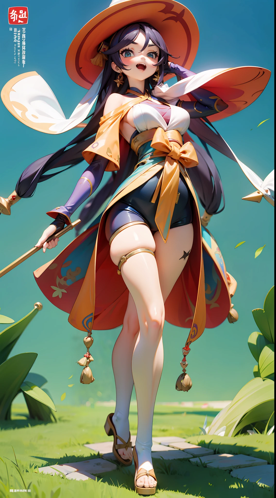 Mona,period costume,Hanfu,Witch hat,Ocean park,Comic cover style,A fitness girl,Unique curves,Fleshy thighs,having fun,Tall guy,White shawl,China-style
