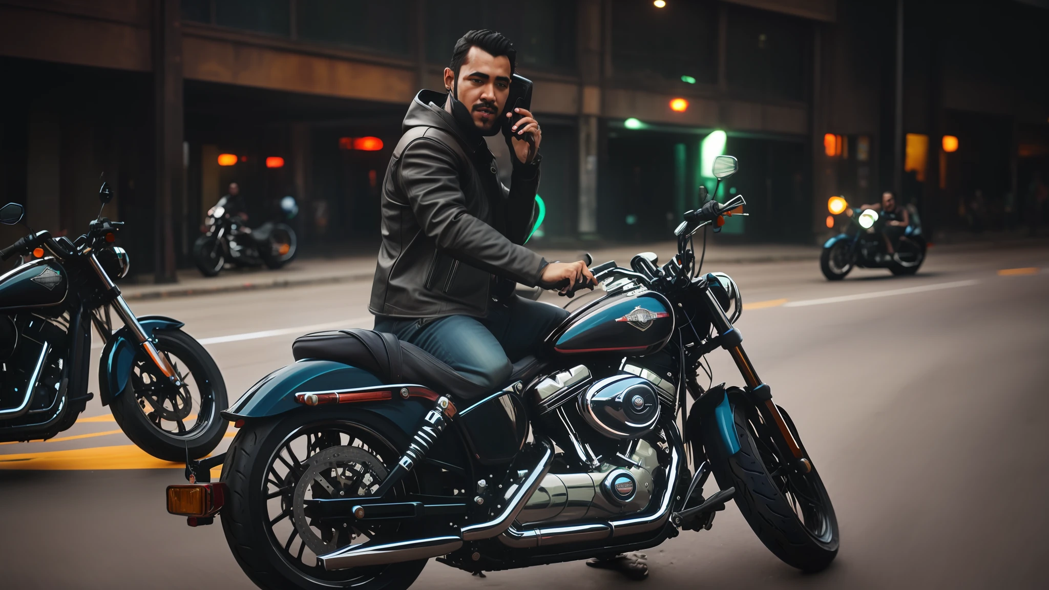 There was a man sitting on a motorcycle on the phone, sitting on cyberpunk motorbike, sitting on the motorcycle, harley davidson motorbike, riding a futuristic motorcycle,
