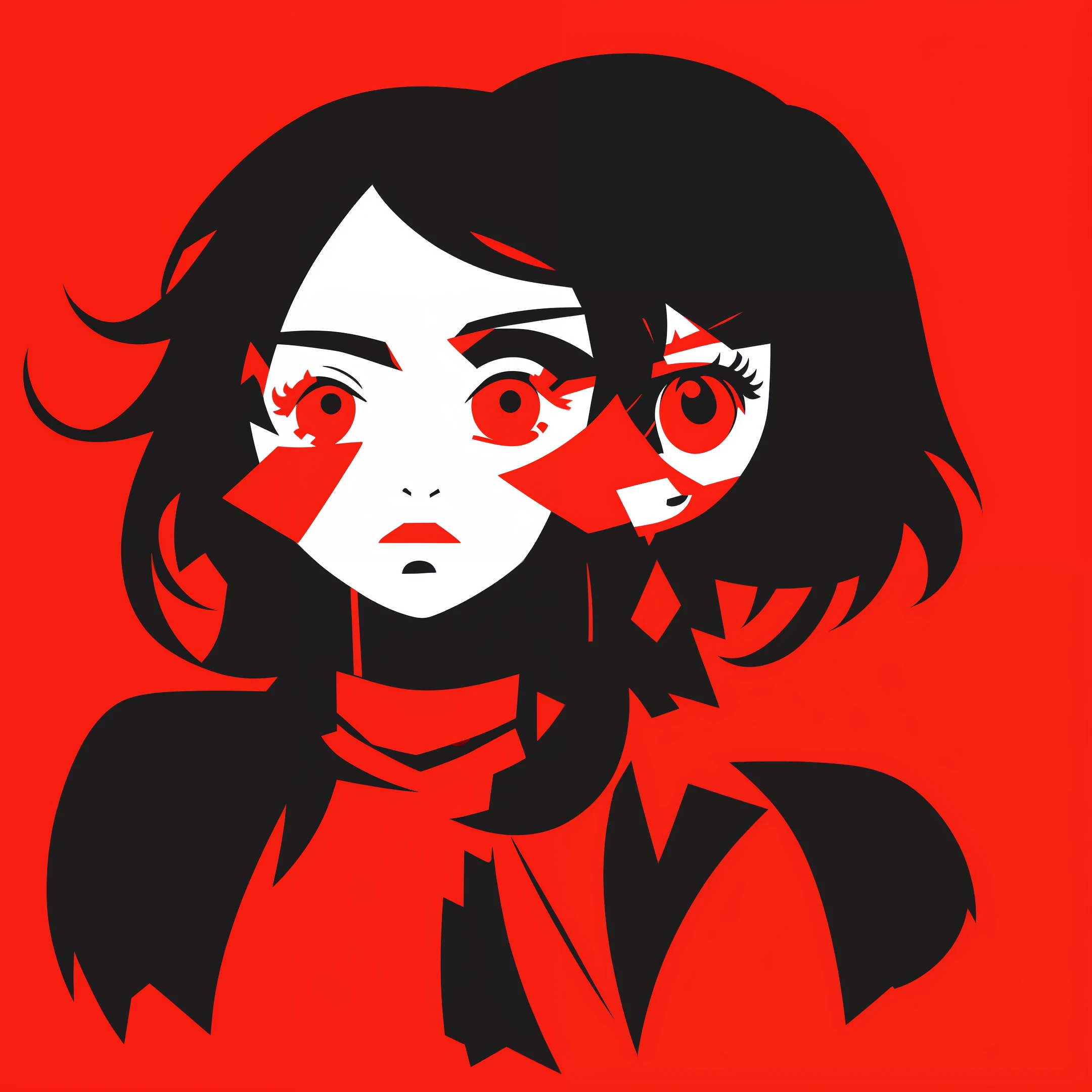 tmasterpiece, Flat illustration, Maximalism, Illustration style, Close-up of the avatar, Cute cartoon girl, black in color, red colour, Clean red background, geometric shapes, ren, facial closeups, sportrait, The upper body of the character