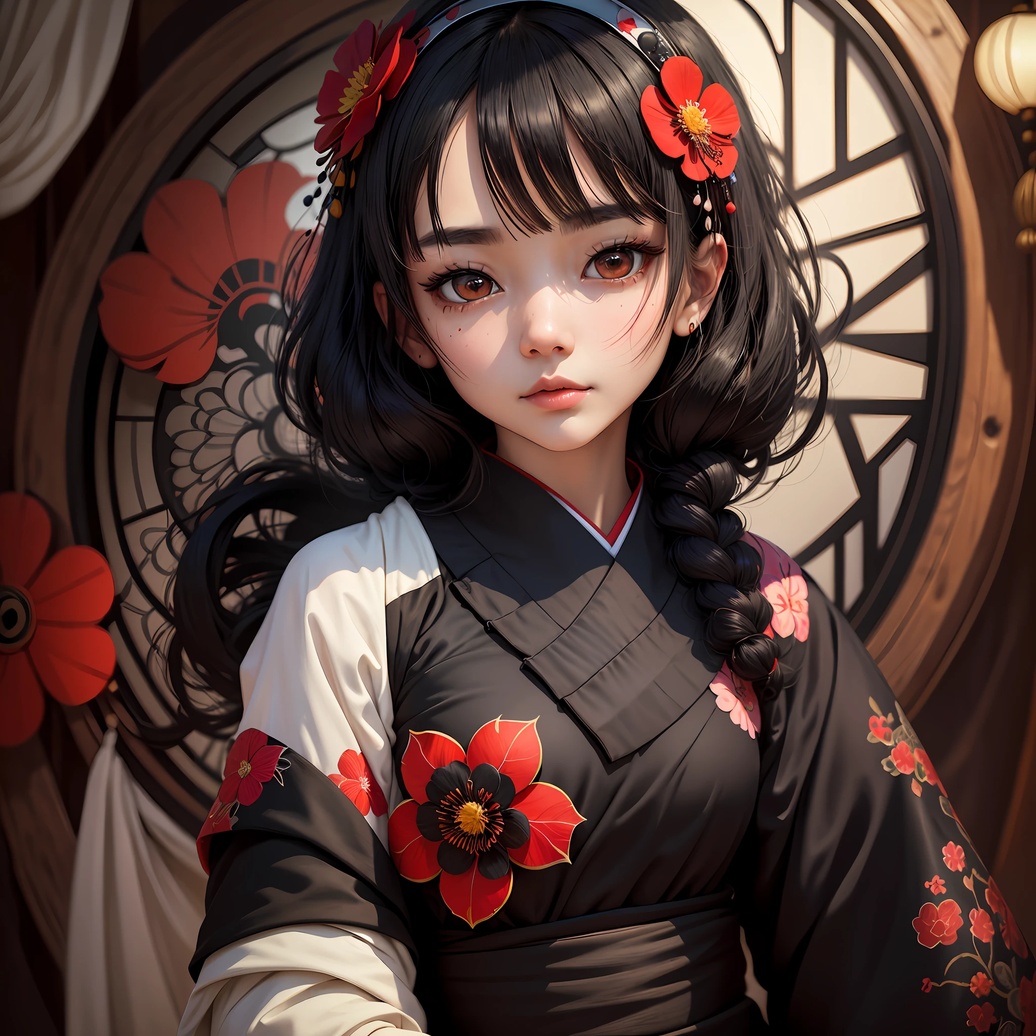 Masterpiece,Best quality,absurderes,Original,Extremely delicate and beautiful,Beautiful detailed eyes and face,1girll, black_Hair, flower, Japanese_clothes, Looking_at_peeping at the viewer, dark mole, Red_flower, Solo,(Masterpiece:1.4),(Best quality:1.4),chch-style --auto