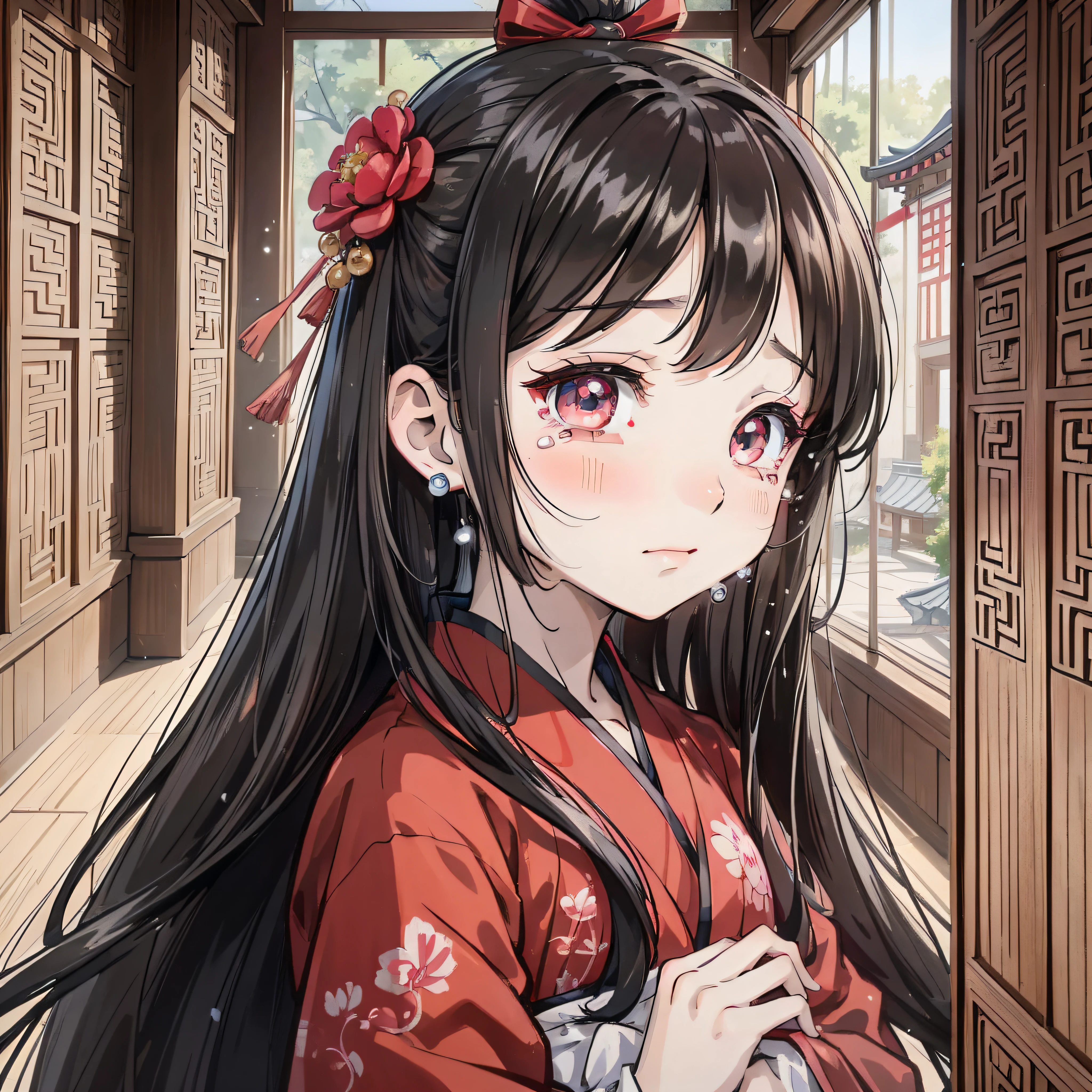 Ancient Chinese anime  girl with long black hair and about 10 yeang red Hanfu, red flower 1.3 (crying expression 1.5) (head down and tears 1.5) (tears 1.8) (open mouth crying 1.2) (background is ancient Chinese room 1.5) anime style 4 K, anime rendering, Guvez style artwork, anime style. 8k, Guvitz, beautiful anime girl, beautiful anime face, cute anime girl (big eyes full of tears 1.5) (upper body display 1.5) (crystal beautiful eyes 1.5) (poor milk 1.3) (juvenile little gitic light 1.5)