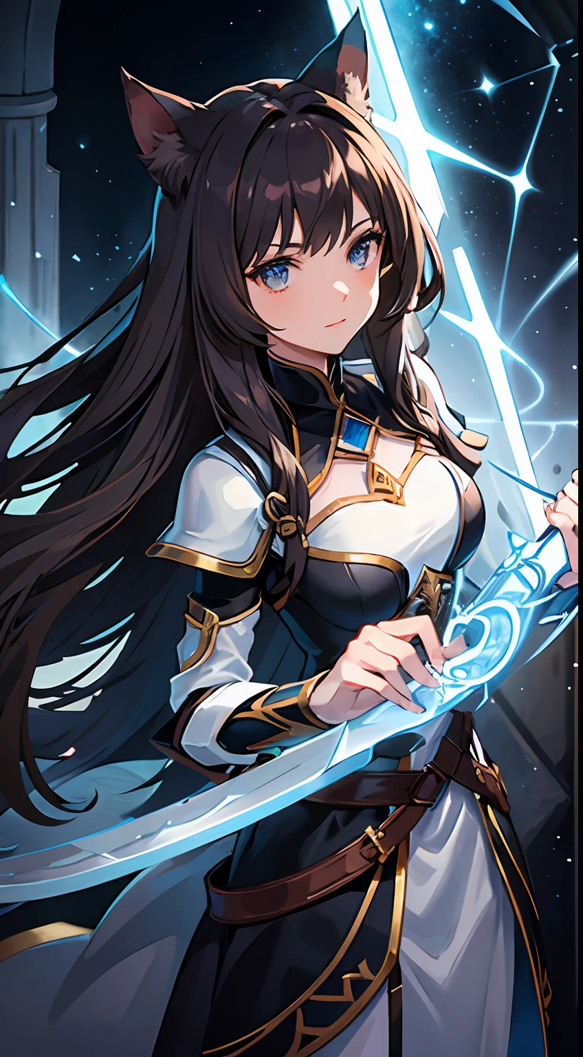 Brunette cat girl, giant sword, Delicate silver and white leather armor, Mysterious rune star map, Open the doors of another world, mystical spells, Cat's hand claw, Dream crossing, Has feline characteristics, The background is deep.