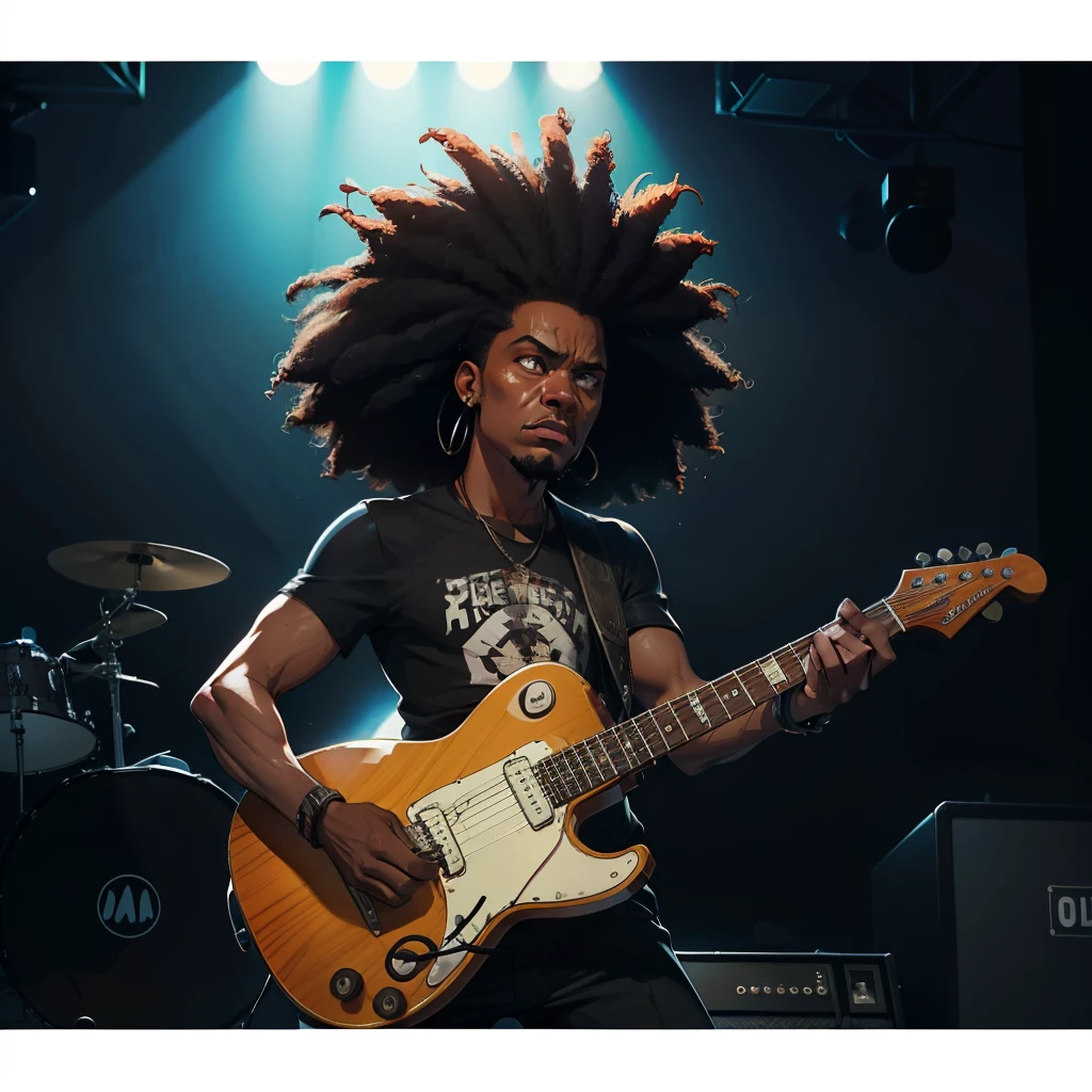 (papel de parede 8k extremamente detalhado), tema escuro, terror moderno, anos 2020, (((1homem negro de pele escura))), pele negra, negro, meia idade, cavanhaque branco, cabelo afro hair, bonito, elegante, wearing musician's clothes, foco nítido, (subsurface scatter:1.1), fotografia premiada, rosto centralizado, foto realista, tiro de meio corpo:1.1, olhos sobrenaturais, expression deep sadness, no palco de show com guitarra, lighting dramatic