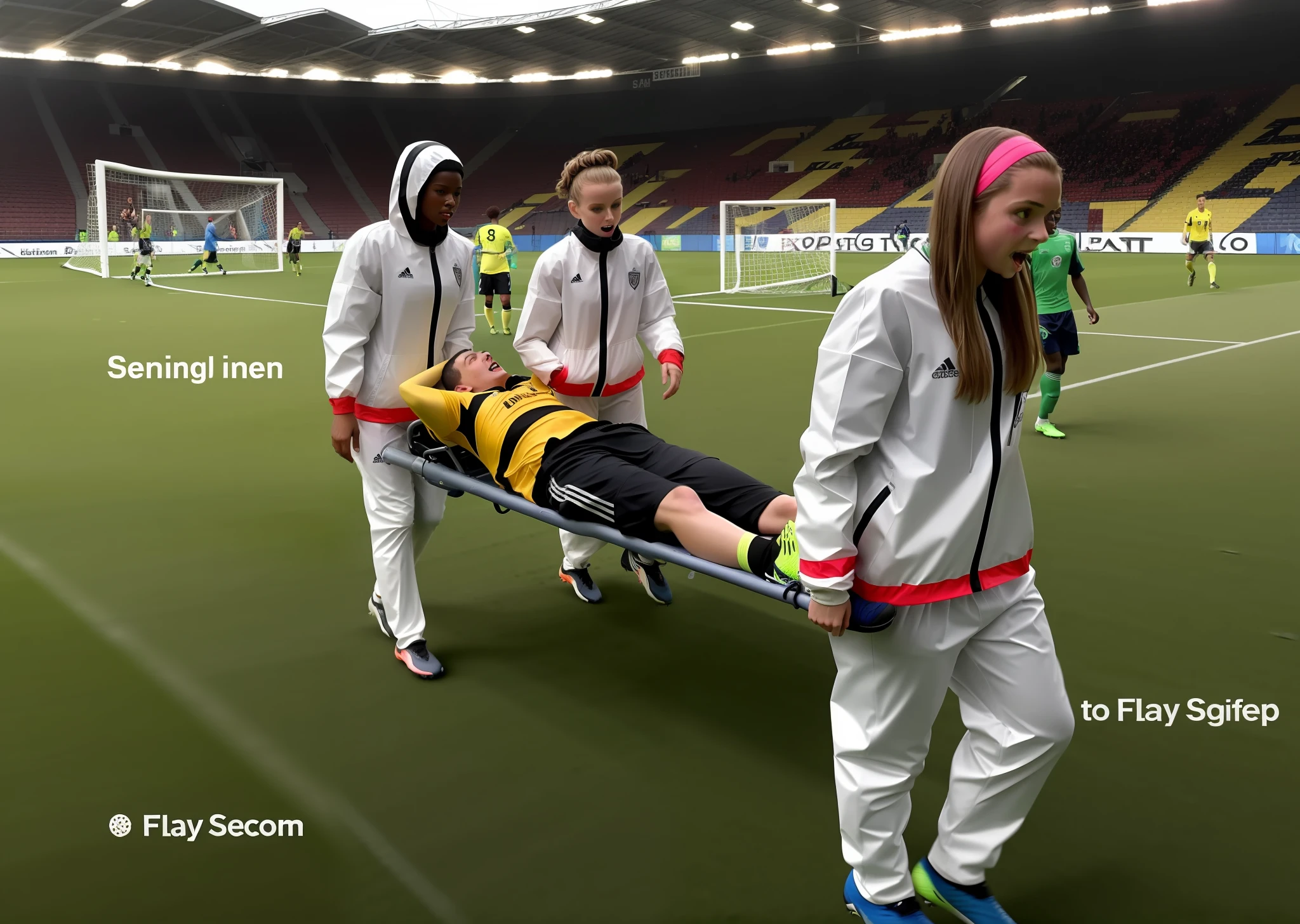 soccer, sports injury, theatralic erotic action, intense erotic scene, erotic pose, a love scene, passionate loving action, erotic, an injured soccer-boy in matte cotton sportswear is rearing up in pain on a stretcher, an injured soccer-boy in matte cotton sportswear is rearing up in pain on a stretcher that is carried by two girls in white rubber rainsuits, there are two girls in white shiny pvc-rainsuits, two terrified but attractive girls in shiny white plastic-rainsuits are evacuating an injured soccer-boy from a soccer field, an injured soccer-boy in matte cotton sportswear is rearing up in pain on a stretcher while he is evacuated from the field of play by two attractive girls who are wearinh wetlook white rubber rainsuits, an injured soccer-boy is crying in pain, two attractive girls in wet shiny plastic-rainsuits are giving first aid, dramatic action scene, first aid, injury, pain, agony, helping women, women carrying a man, attractive girls in shiny coats with lipstick and madeup smokey eyes, a consciousless german boy in a cotton shirt and a matte jeans, attractiveafrican girls are carrying a german boy in a stretchers, a matte clothed injured boy, a shorthaired boy with cotton t-shirt, a shorthaired boy needs to be carried while wearing matte sportswear