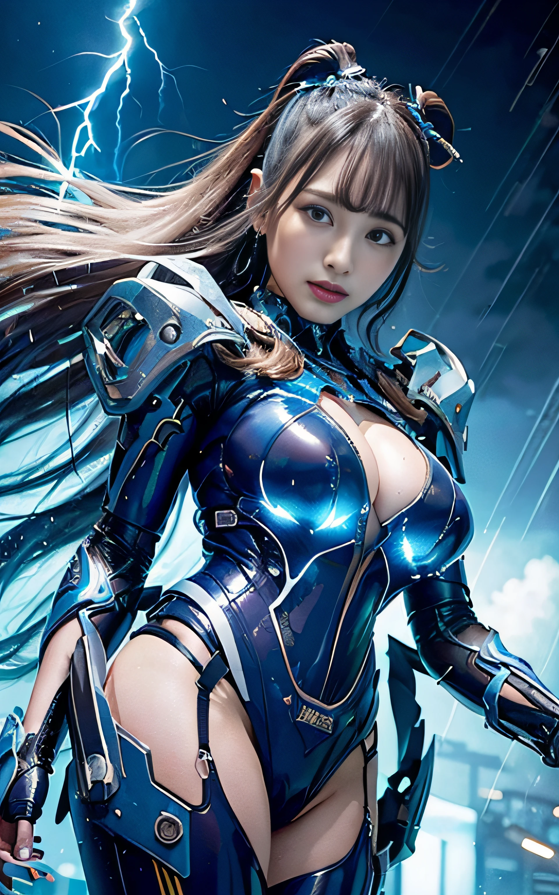 masterpiece, top-quality, hightquality, (the future:1.1), (Blue cyberpunk suit), movie lights, (exquisite future), Beautiful and beautiful, ultra-detailliert, amazing composition, floating, depth of fields, (extremely details CG,Unity 8k壁纸), (beautiful detail background), beautiful hair details, dramatic lights, gogetta, mechs,Best Quality,超A high resolution,photoRealstic,tits out,cleavage of the breast,(Hair that flutters in the wind),((Angle from below)),(Angry look),(Fashion poses),((thunder)),(struck by heavy rain),(wetting hair),Wet