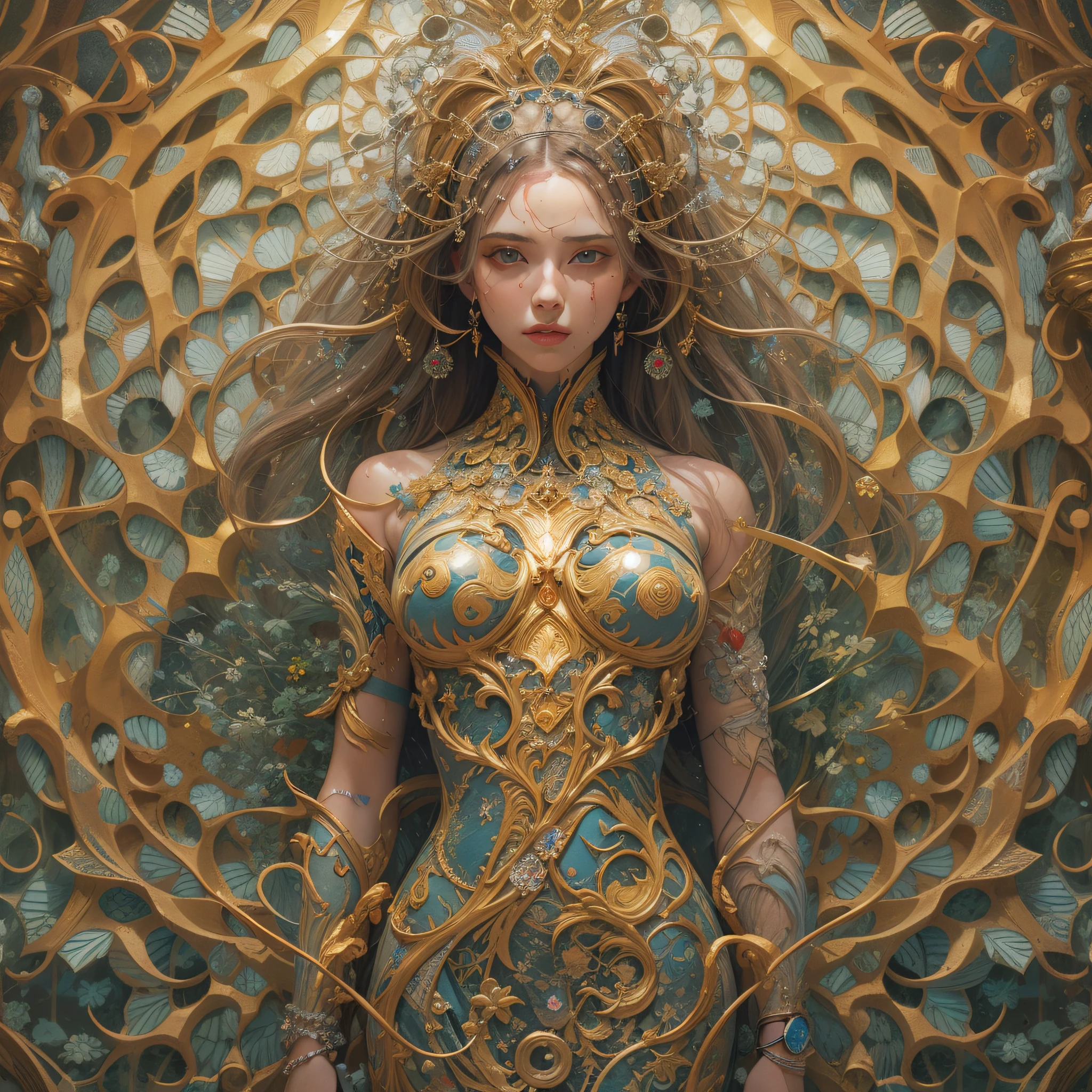 Beautiful sexy 25-year-old woman, full body symmetrical with thick brushstrokes and wet paint, Fibonacci, golden ratio, surrounded by crystal spheres, 3D metal structure tessellation, neural graph, neurons, color, love, passion, incredibly detailed, 8k, masterpiece, artstation, surreal