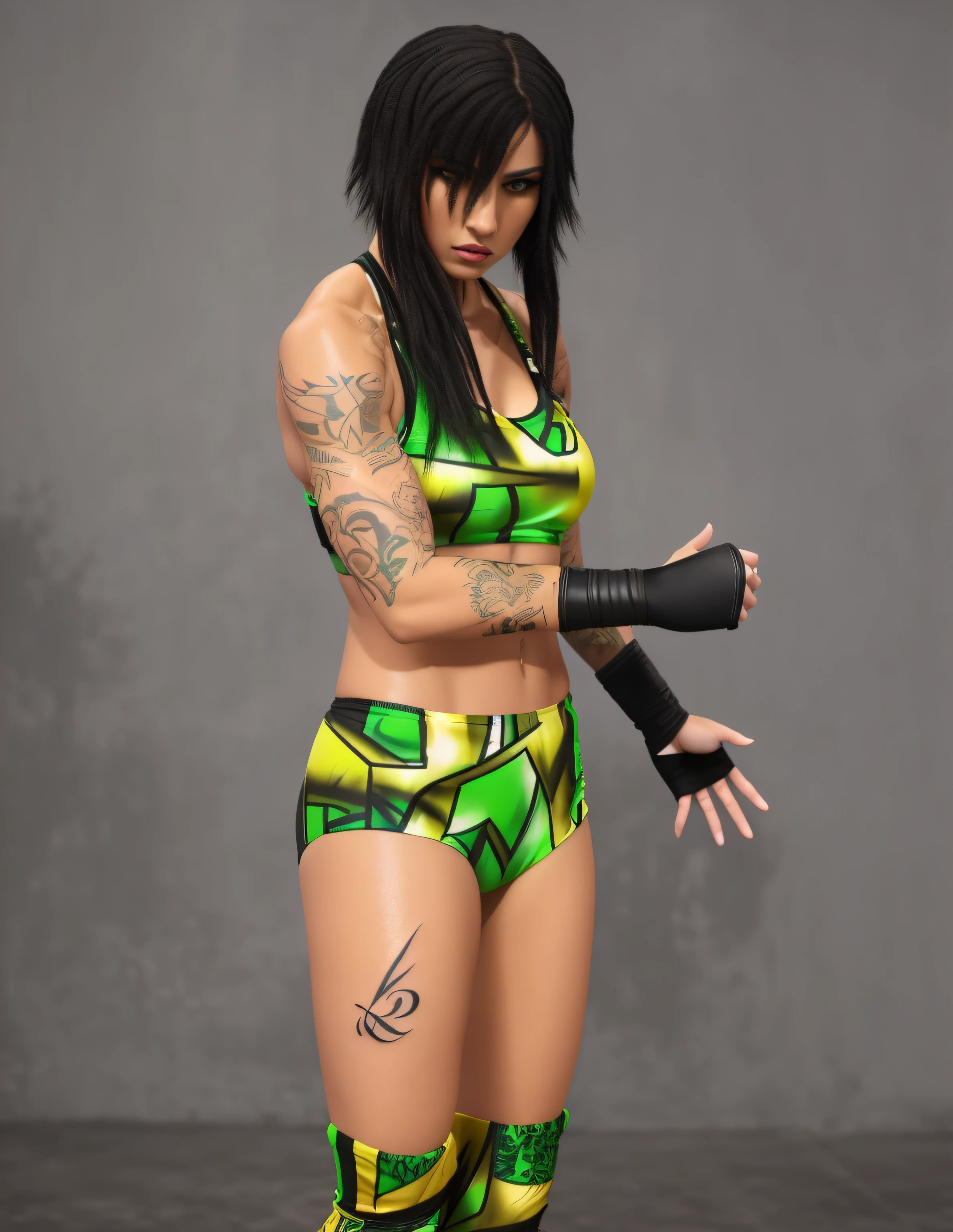 ((masterpiece, best quality)), Caucasian female wrestler with partial dreads, black fire tattoos, in green yellow and black slime patterned sports bra, green yellow and black slime patterned trunks, black hand-wraps, ((photo realistic)), intricate details