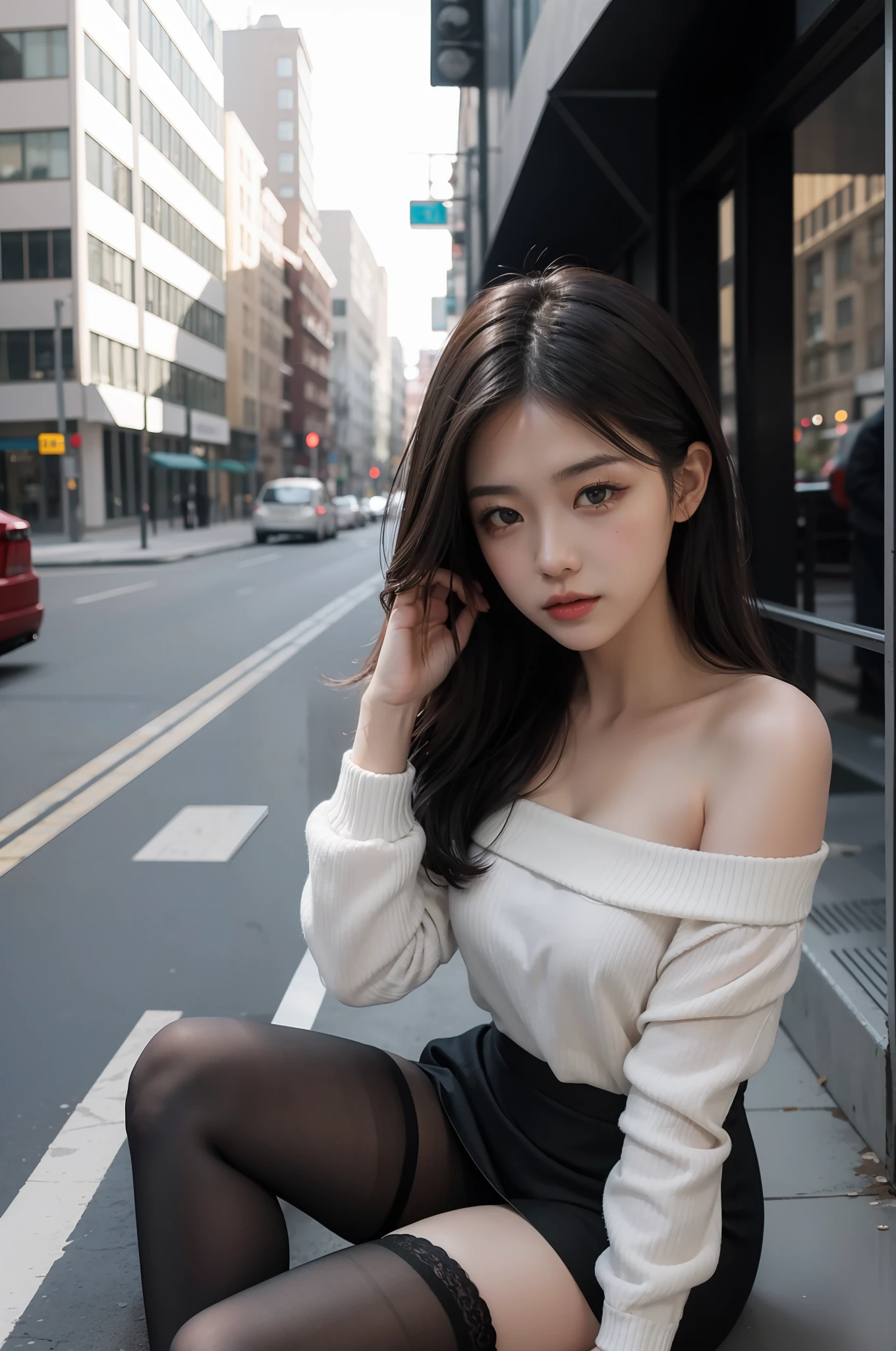 best qualtiy,tmasterpiece,超高分辨率,(真实感:1.4),RAW photogr,1girll,offshoulder,in the darkness nigth,deep shading,low tune,cold light,at park,black lence stockings,high-heels,Professional Dress,girl in real life,Real background,urban backdrop,Sit Pose,1 girl
