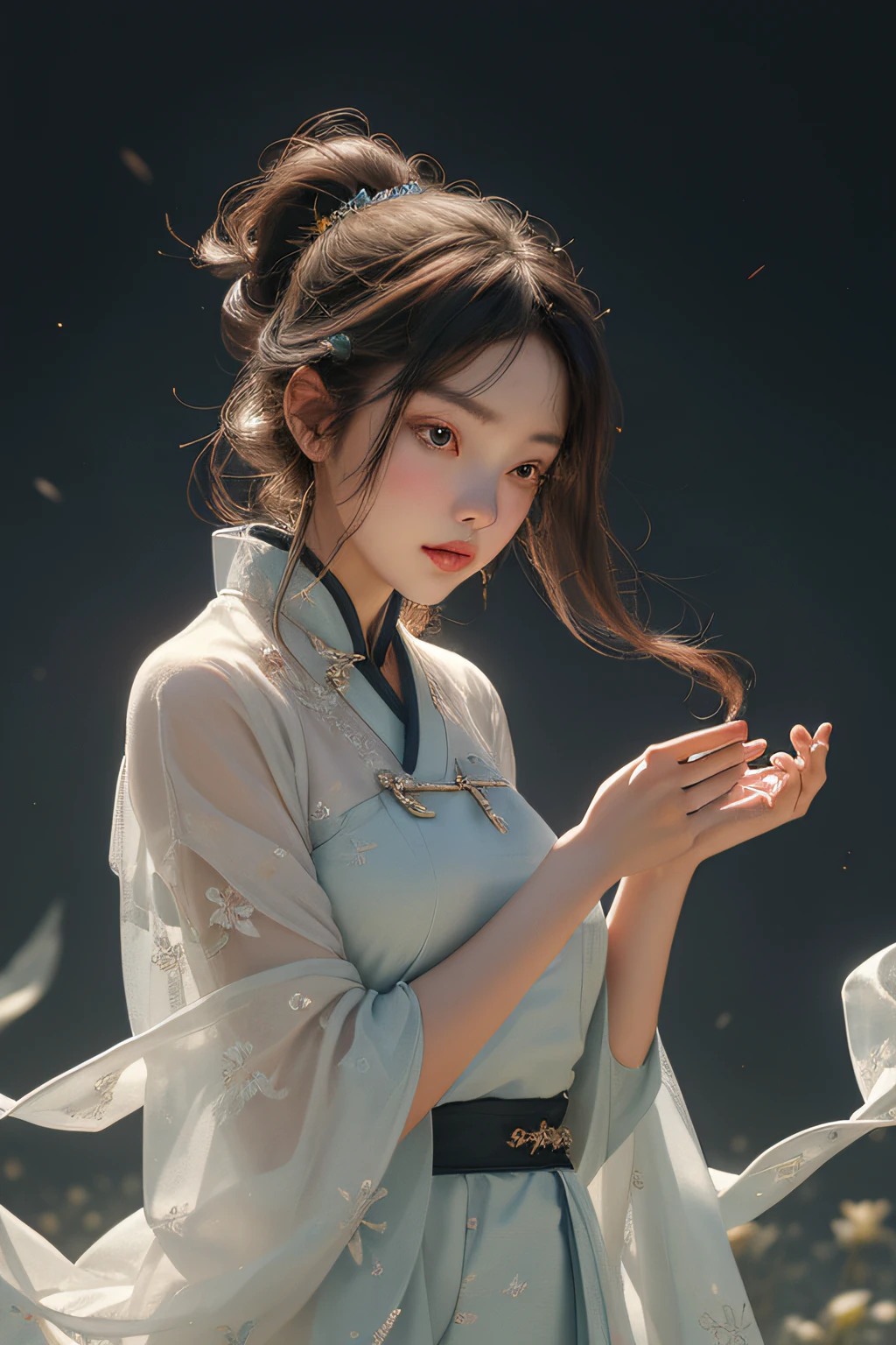zhongfenghua, 1girll, 独奏, Hanfu, ancient_chinese_architecture, flower field, blossoms, (White smoke:1.3) (realisticlying:1.4), Zen entanglement, datura, entangled, offcial art, Unity 8k壁纸, ultra - detailed, Beautiful and beautiful, tmasterpiece, best qualtiy, (dynamic angle:1.4), Glowing skin, (Floating colorful flashes:1)The most beautiful form of chaos,ellegance,Beautiful,vivd colour,Romantic depth of field exotic_dance