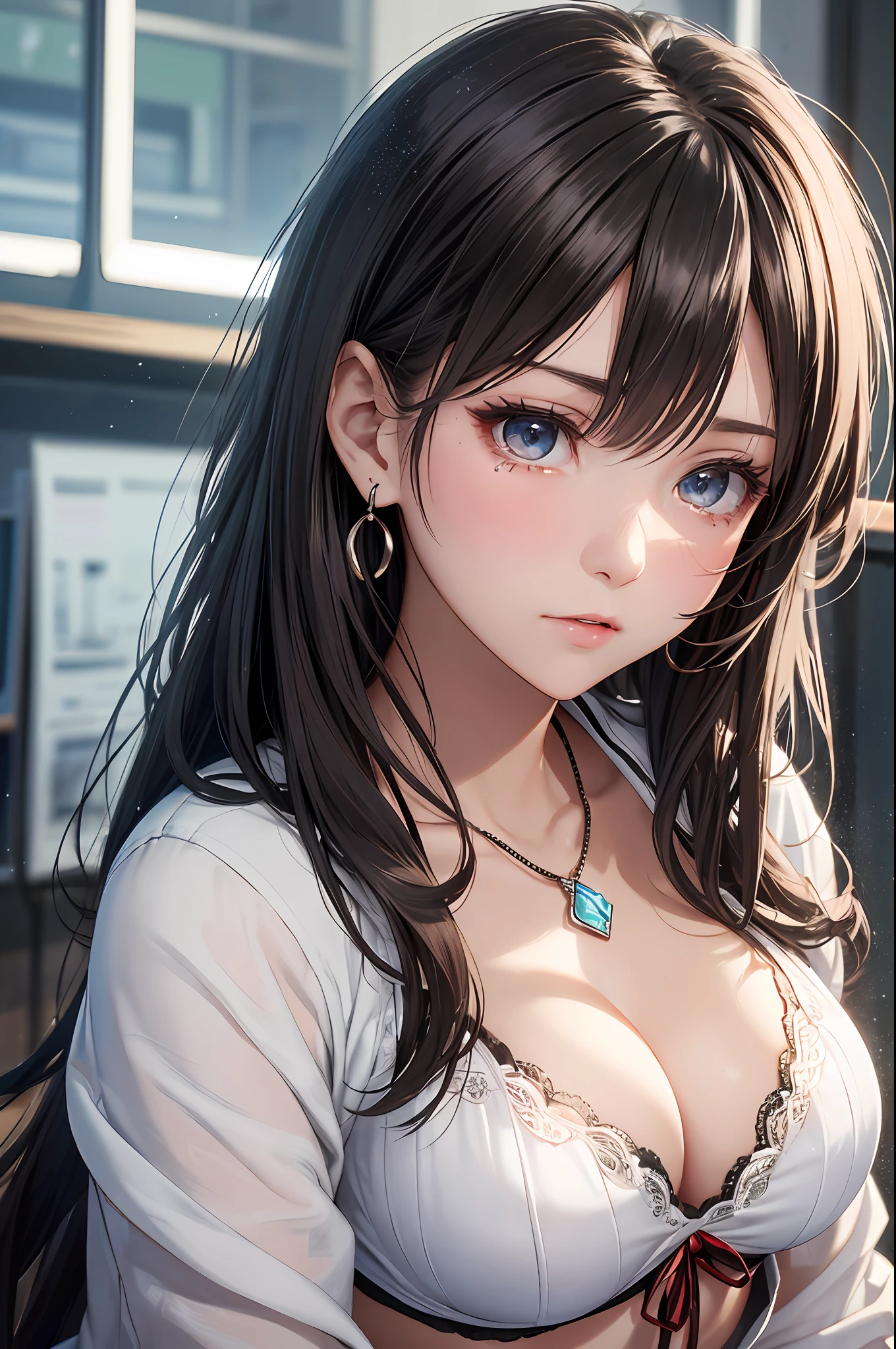 (masutepiece: 1.3), (max resolution: 1.2), (Ultra HDTV: 1.2), cinematric light,  Detailed eyes and skin, detailed facial features, , 8K resolution, (Sharp Focus: 1.2, Perfect Style, Beautiful face, acurate, Anatomically correct, Highly detailed face and skin texture, Detailed eyes, Double eyelids, Thin eyebrows, Glitter Eyeliner: 1.2, Natural cheeks, Glossy skin, Fair skin: 1.2,  (Glossy lips: 1.4), (Girls' High School Uniforms:1.2)、 (Shy look: 1.2), 18 instars, Neat and clean woman 、Black brown hair,Wavy Hair、 Semi-long hair, (Focus on Face:1.2), ((Small breasts)), (upturned breasts), (in class room: 1.2)), (She is sitting on the floor：1.2.)), Highly detailed facial and skin texture, Detailed eyes, Double eyelids, Natural cheeks, Green-gray eyes,a necklace、  shiny small earrings, shiny lips: 1.4,Exposed cleavage、（A large amount of sperm in the chest:1.4）（Large amount of sperm in the thighs:1.2）、red blush、Tears are embarrassing、White underwear、White bra、Open knees、open one's legs、Masturbation behavior、Disheveled clothes、Dressing、Exposed panties、Wearing sweat、sodden、Sheer underwear、Maids、humiliated、impatience、dismay、Frightened、glares、blue eyes、Full-body angle of view、from the front side、red blush、