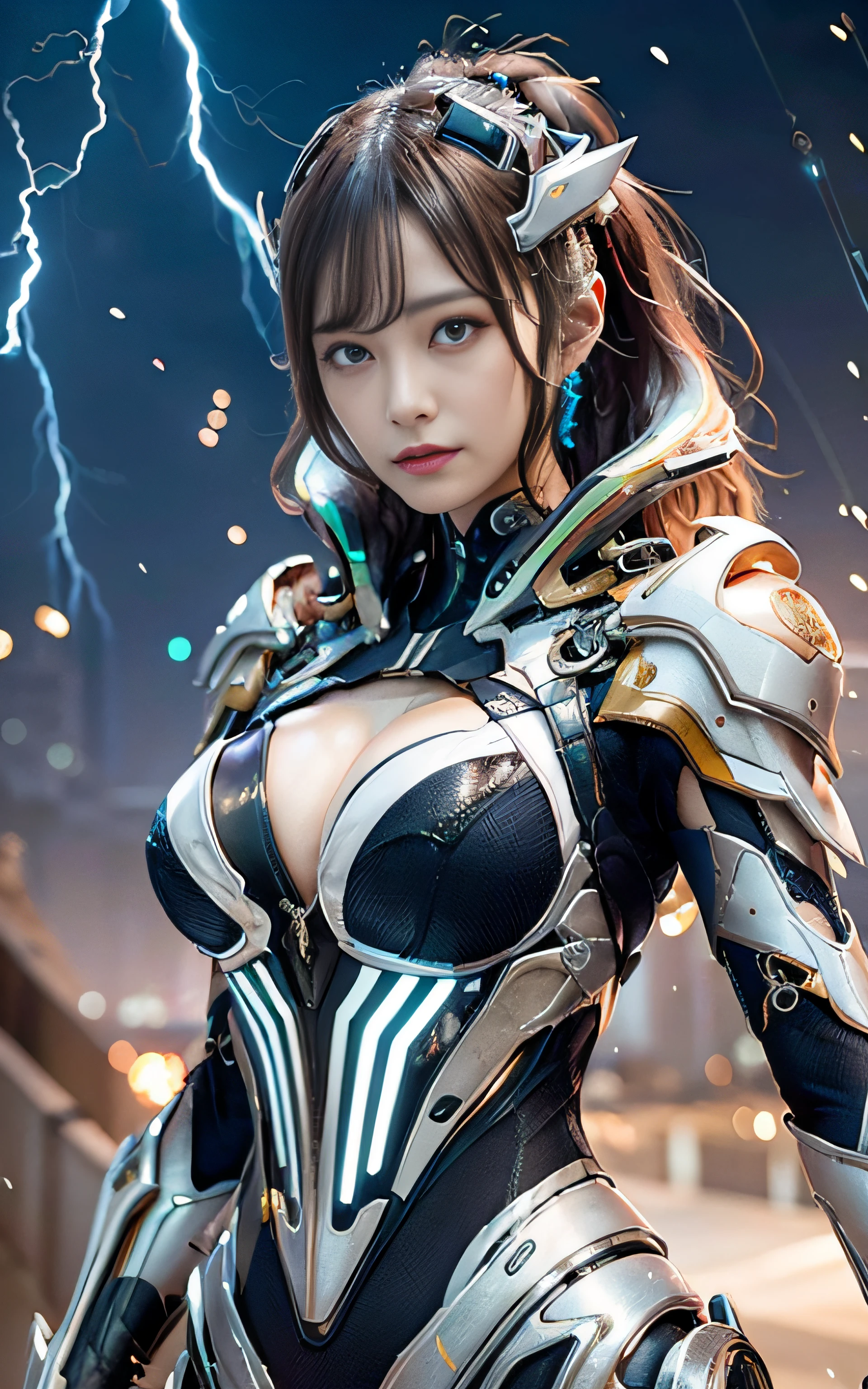 ​masterpiece, top-quality, hightquality, (the future:1.1), (Rainbow Cyberpunk Wear), movie lights, (exquisite future), Beautiful and beautiful, ultra-detailliert, amazing composition, floating, depth of fields, (extremely details CG,Unity 8k壁纸), (beautiful detail background), beautiful hair details, dramatic lights, gogetta, mechs,Best Quality,超A high resolution,photoRealstic,tits out,cleavage of the breast,(Hair that flutters in the wind),((Wink)),(Angry look),(actionpose),((thunder)),rain falling,Lightning strikes