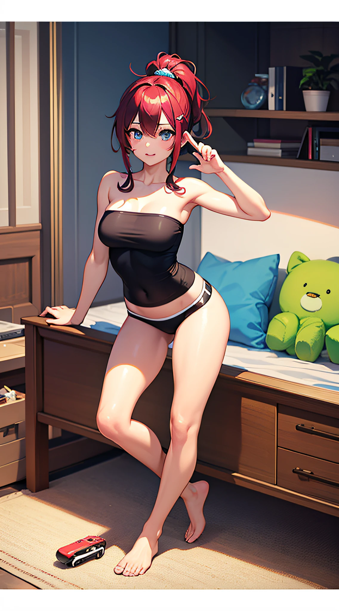 ((Masterpiece)), best quality, absurderes, ultra detailed, super beautiful girl with beautiful eyes and beautiful multicolored hair, high ponytail, nice and sexy body, wearing tight boxers with cute drawings and a strapless crop top with an anime drawing, beautiful hair ornament, full body, sexy pose, flirting with viewer, in a bedroom with a video game console and cute plushies
