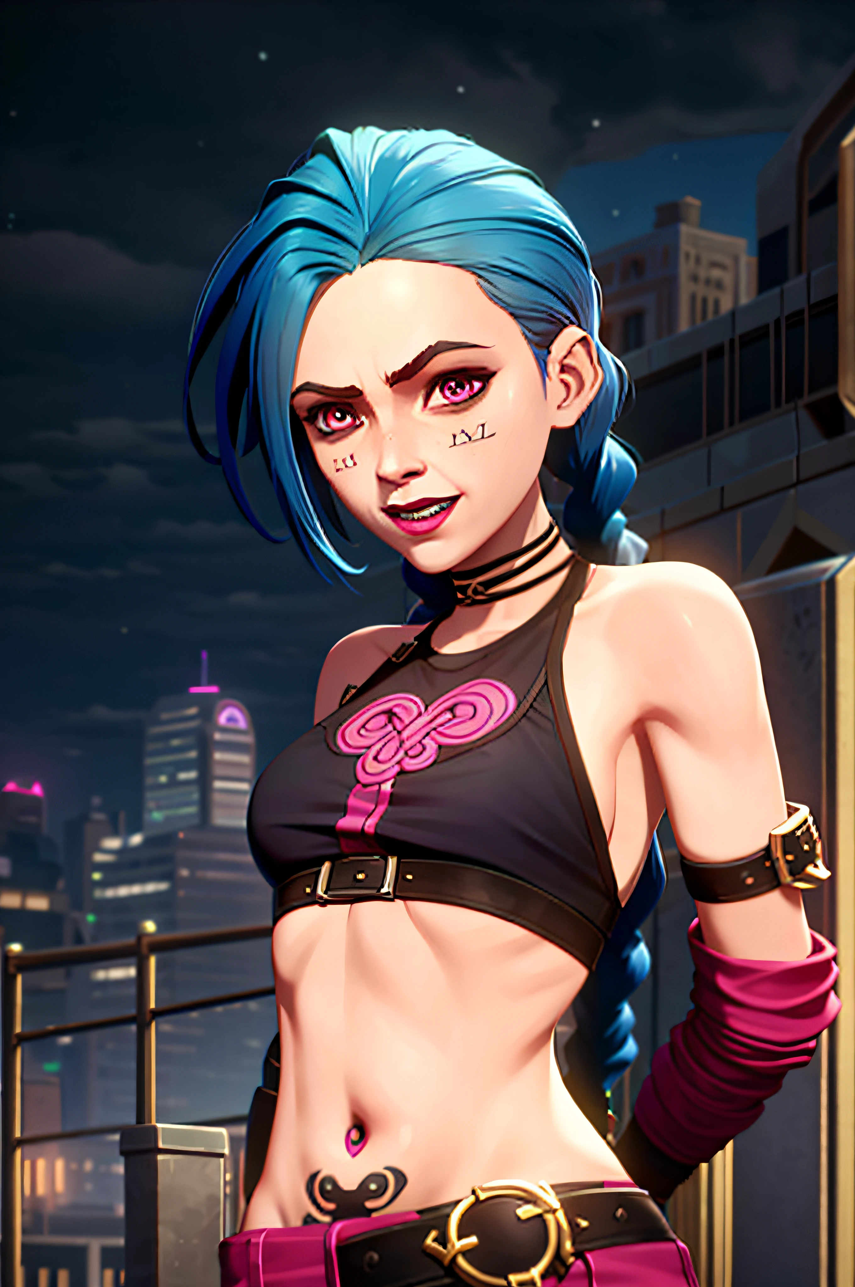 arcane style,

1girl, arm tattoo, asymmetrical bangs, bangs, blue hair, braid, brown shirt, cloud tattoo, looking at viewer, laughing, crazy, uncontrollable laugh, mad look, night, city, green hair, long hair, midriff, pink eyes, red lips, shirt, solo, standing, tattoo, twin braids, upper body, arcane jinx, jinx \(league of legends\)