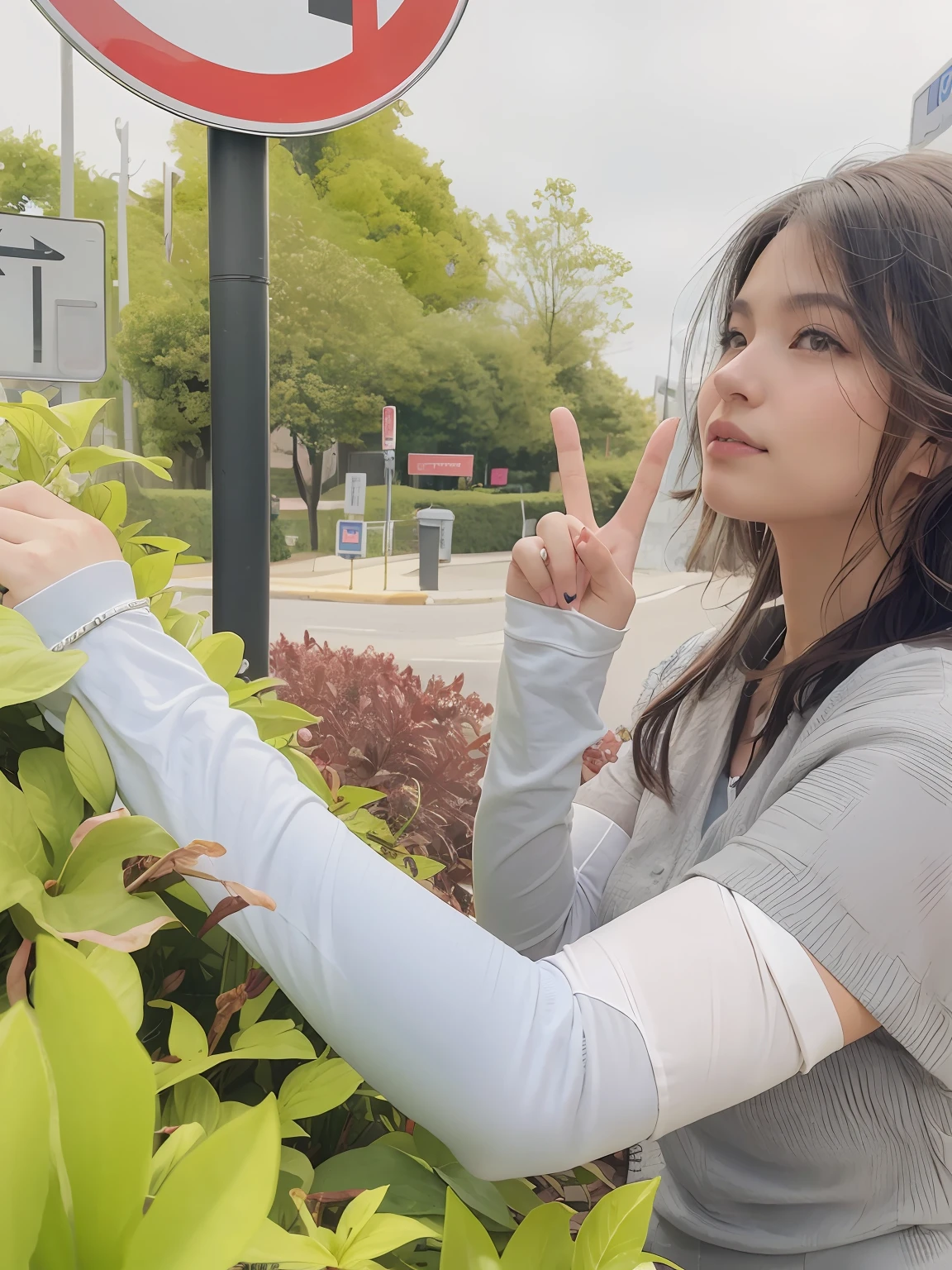 There is a woman standing next to a no-left turn sign, White sleeves, with index finger, taken with canon 8 0 d, 4 k post, 4k post, Beautiful image, ulzzangs, from 8 k matte, taken with canon eos 5 d, taken with canon eos 5 d mark iv, taken with sony alpha 9 --auto