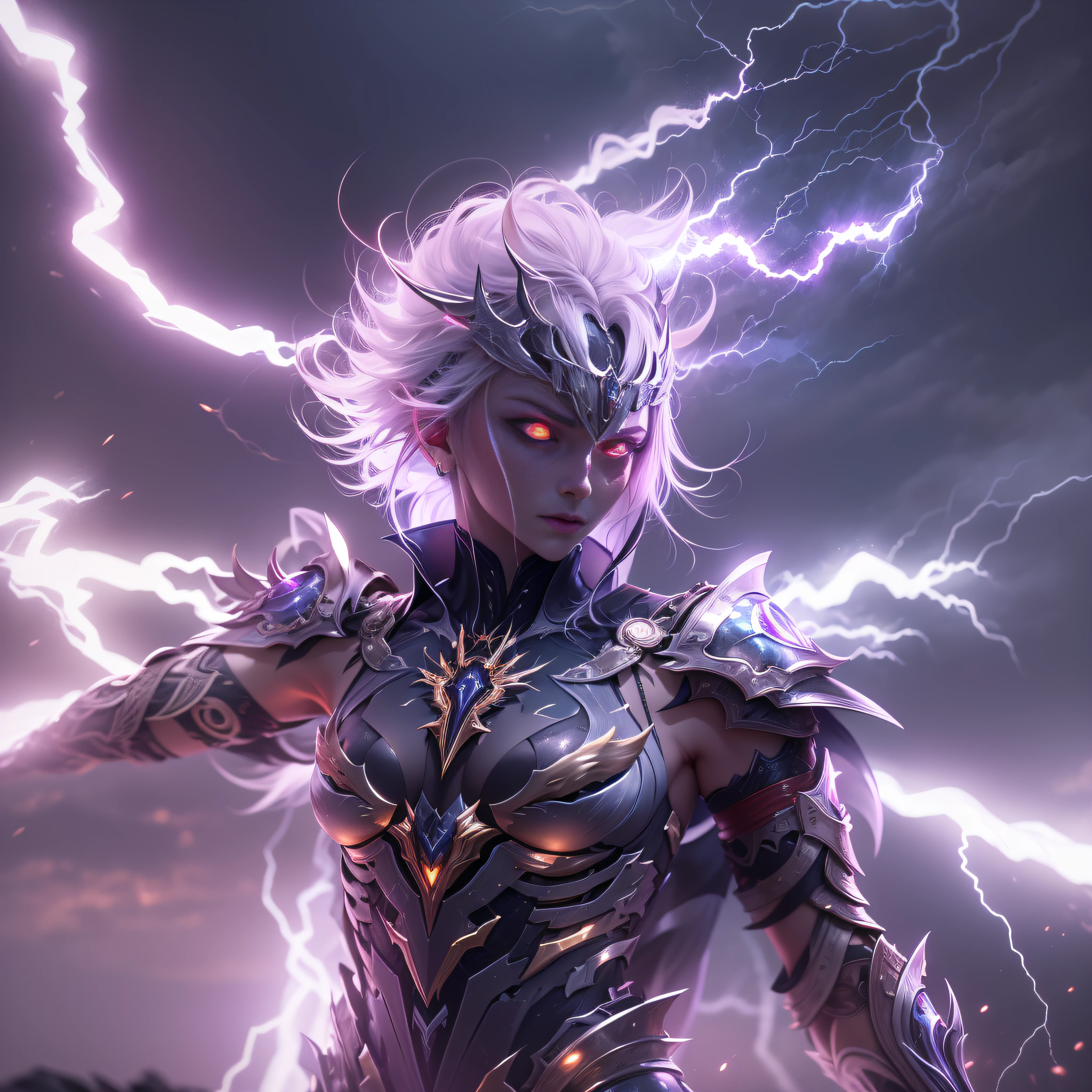 Raiden Zeus - Maiden, Silver emanation, Lightning and lightning surround the body, Lightning storm, Lightning glowing eyes, There is a lightning tattoo tattoo on the arm, Wearing white gold trimmed Thunder Halo armor, Colored inner hair, Dragon horns, disdain, futurism, romanticism lain, Cinematic lighting, Motion blur, kanon, 8K, Best quality