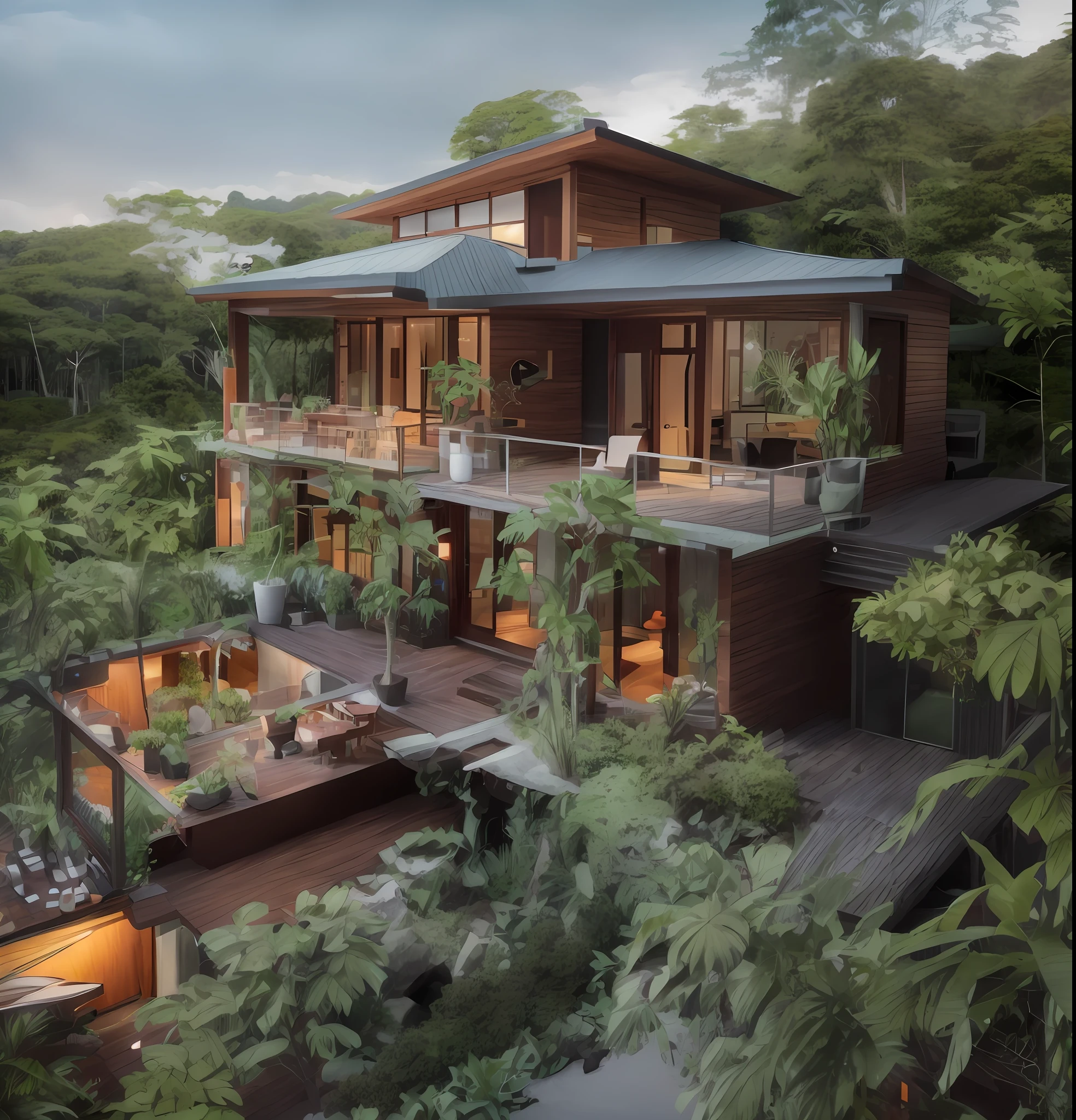 arafed house with a balcony and a balcony overlooking a lake, mountainous jungle setting, peaceful wooden mansion, award-winning render, natural realistic render, jungle setting, build in a forest near of a lake, rendered in corona, an award winning digital render, 8 k landscape render, house in forest, beautiful house on a forest path, malaysia jungle, stunning render