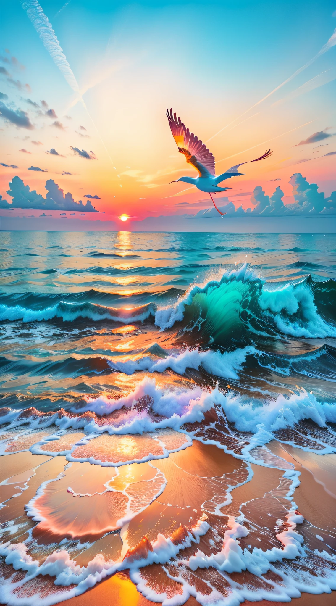 Absolutely mesmerizing sunset on the beach with a mix of oranges, pinks and yellows in the sky. The water is crystal clear, gently kissing the shore, and the white sand is endless. The scenes are action-packed and breathtaking, with seagulls soaring high in the sky and palm trees swaying gently. Immerse yourself in the calm atmosphere and let the serenity surround you.