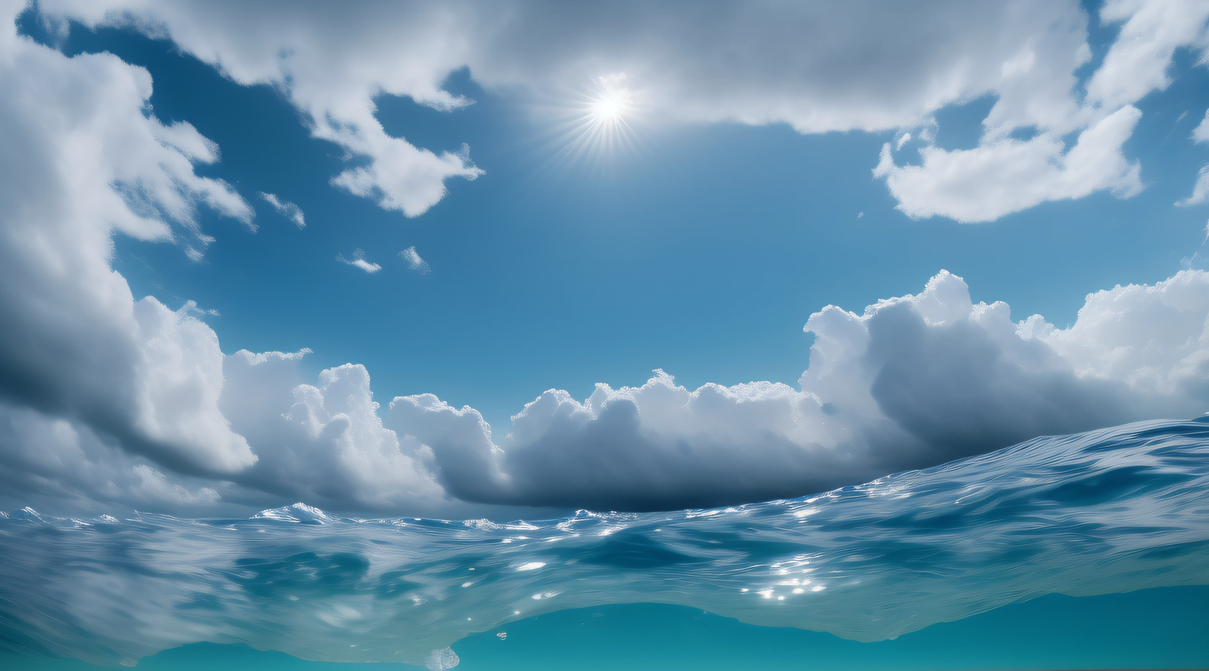 There is a beautiful sky，Picture of clouds on the surface of the water, sky and ocean background, Beautiful ocean, photo of the middle of the ocean, middle of the ocean, a photo of the ocean, Azure Ocean, Sea backgroun, calm ocean landscape, on Surface of the ocean, Sea and sky, tropical ocean, There were several more strings of water droplets in the air，In the middle of the ocean!!!!!