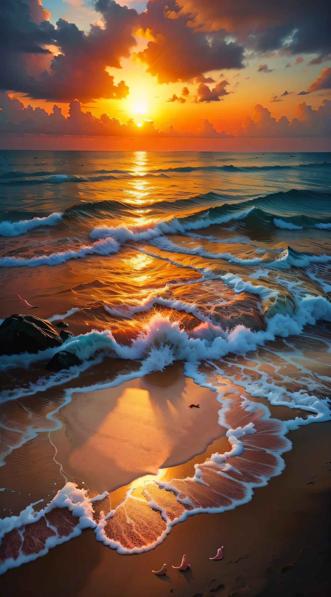 Absolutely mesmerizing sunset on the beach with a mix of oranges, pinks and yellows in the sky. The water is crystal clear, gently kissing the shore, and the white sand is endless. The scenes are action-packed and breathtaking, with seagulls soaring high in the sky and palm trees swaying gently. Immerse yourself in the calm atmosphere and let the serenity surround you.