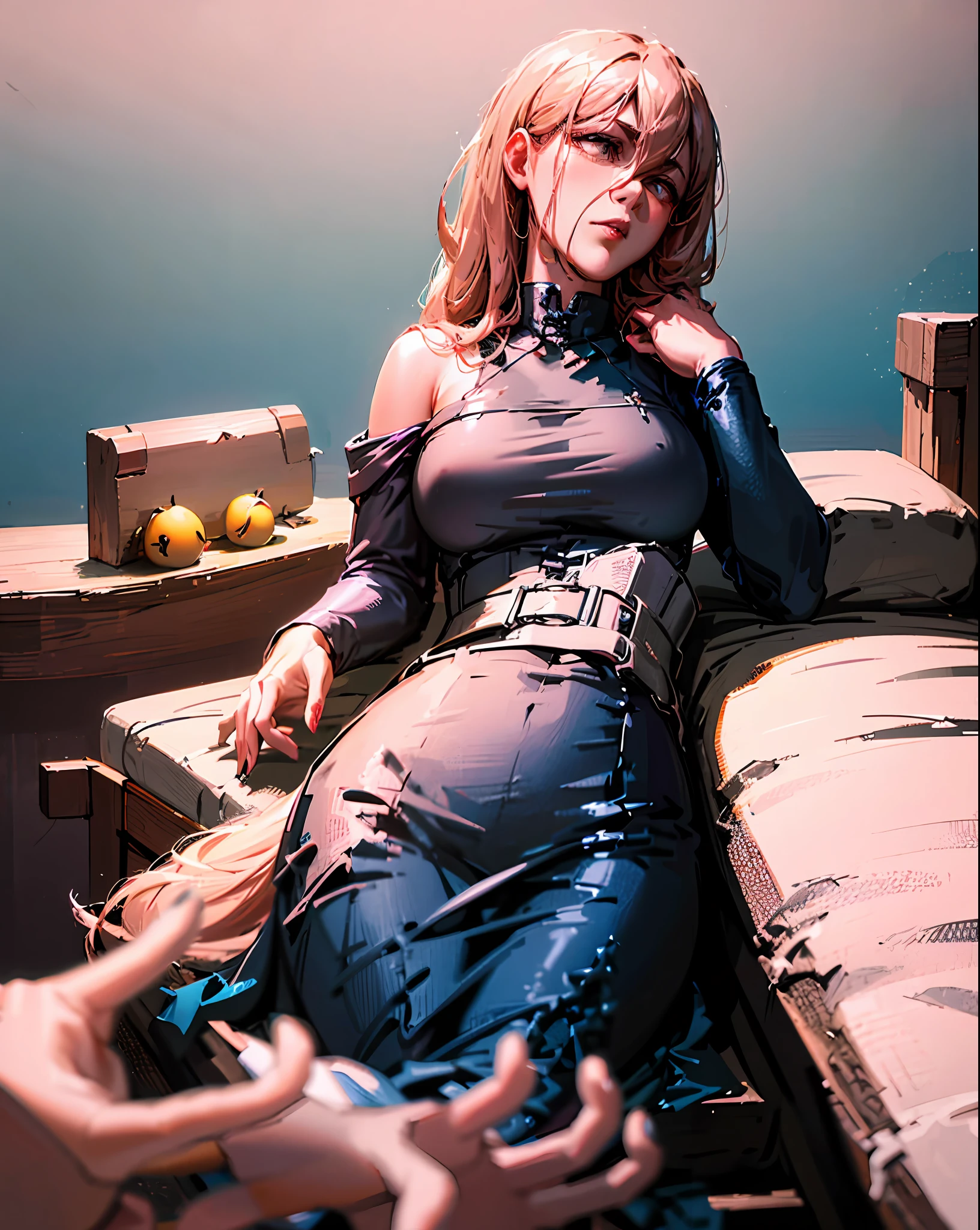 a room with a blue background, with pictures flying around, a girl and a boy lying face down on a table in the room they face each other