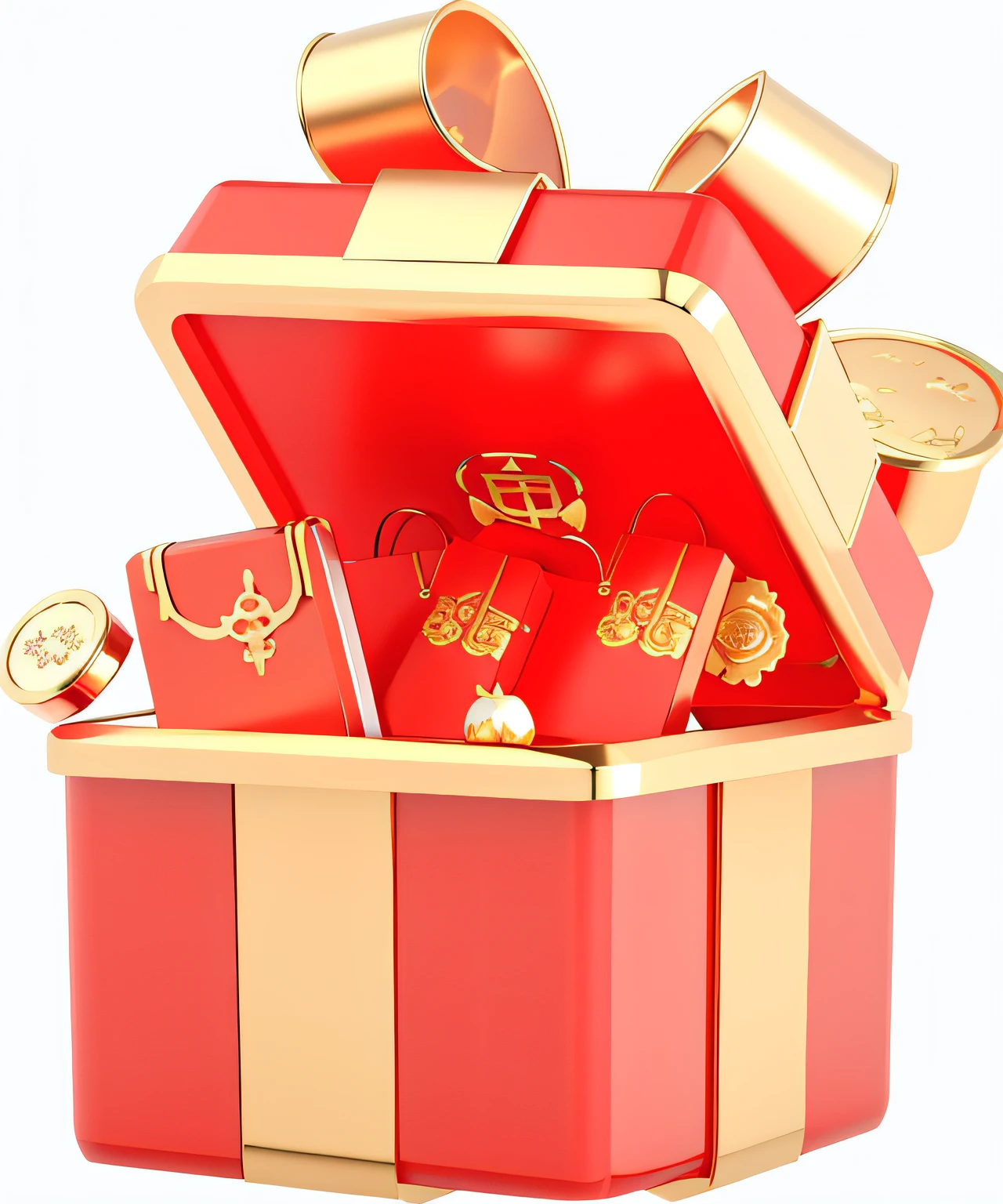 There is a red gift box,It has a gold bow and other items on it, Gifts, Gifts, giving gifts to people, loot box, 3 d icon for mobile game, joy, arte renderizada, A digital rendering, gold, Christmas, festivity, author:Master of Han Chinese, very stylized, rendered illustration, detailed scene, render in blender, 3 d render stylized