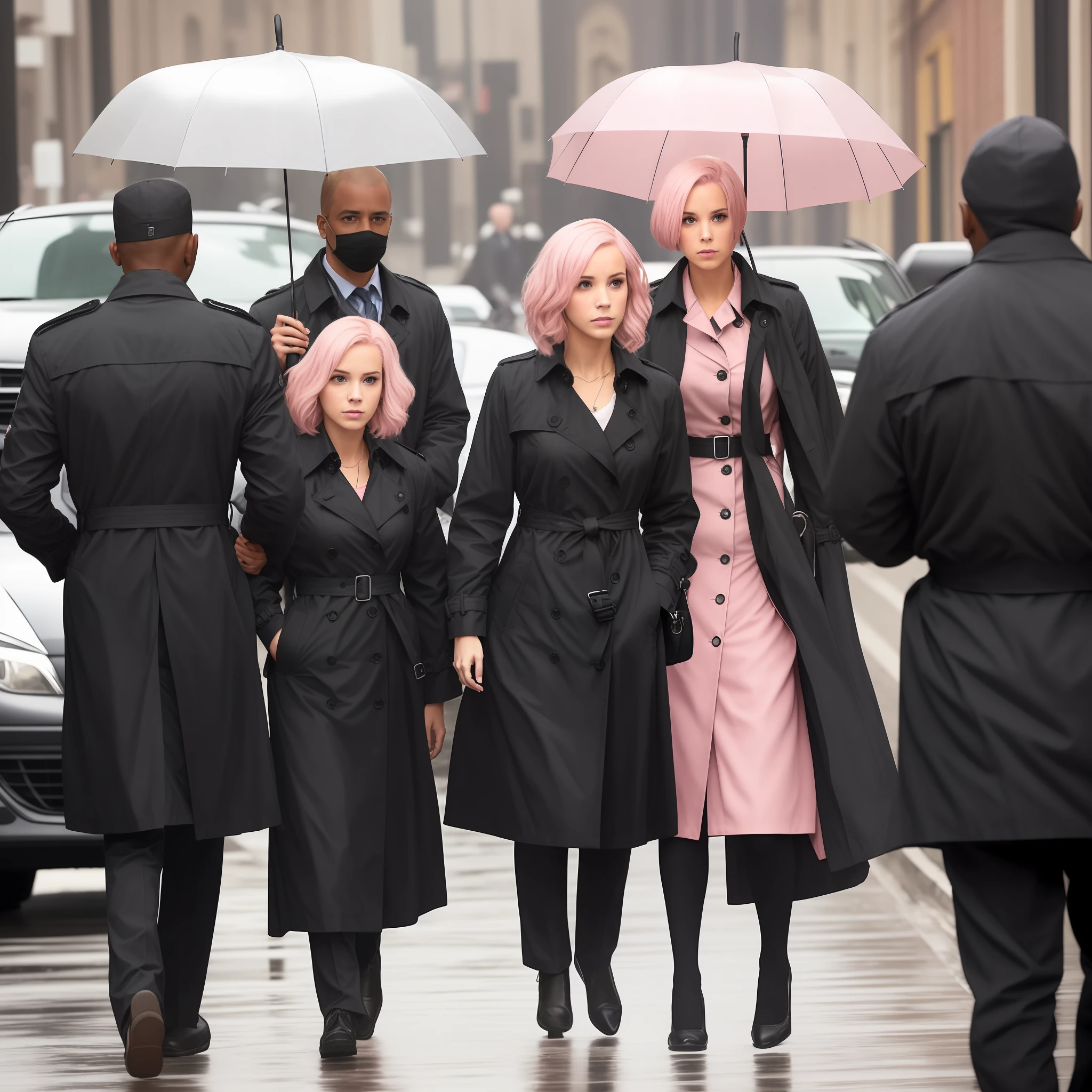 A light ripe pink-haired royal sister dressed in a black trench coat and under the protection of a black-clad security guard walked out of the nanny car with an umbrella --auto