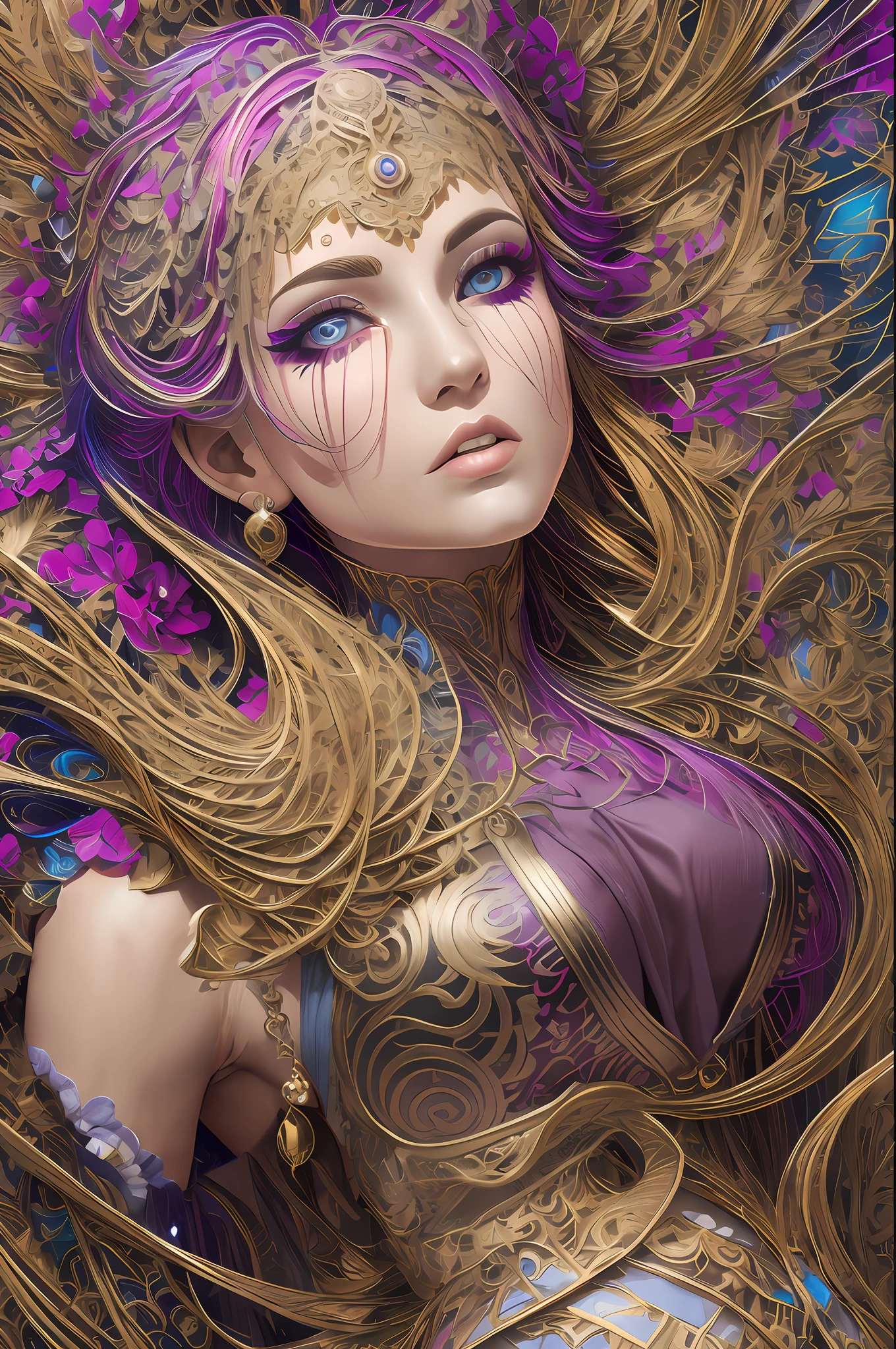 a close up of a woman with long hair and a purple dress, intricate wlop, Goddess. Extremely high detail, hyper-detailed fantasy character, detailed fantasy digital art, Fantasy art Behance, beautiful fantasy art portrait, beautiful fantasy portrait, stunning digital illustration, gorgeous digital art, 4k highly detailed digital art, digital fantasy art ), beautiful fantasy art, Beautiful digital artwork