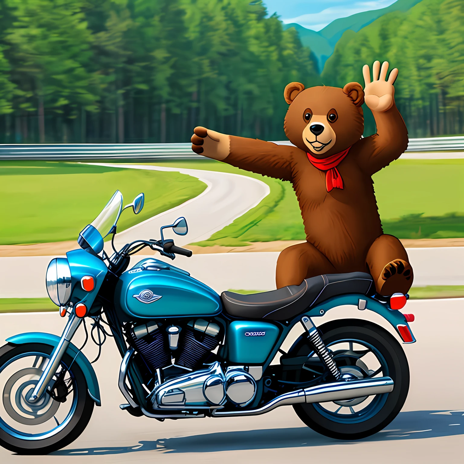 Bear standing on motorcycle waving cartoon