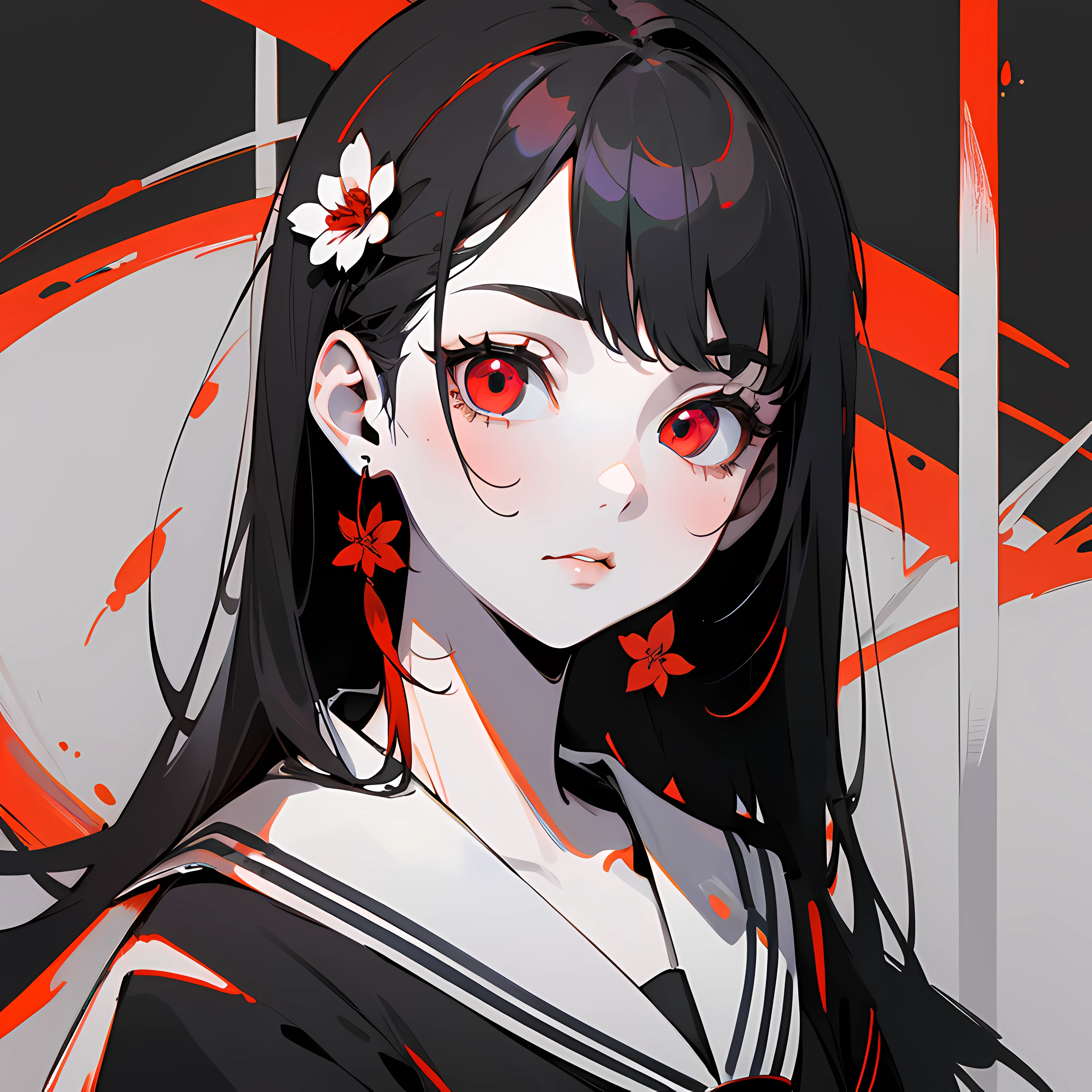 masterpiece, best quality, flat color, limited palette, low contrast,
1girl, serafuku, long straight black hair,
lycoris flower, goat skull,
(red, black)