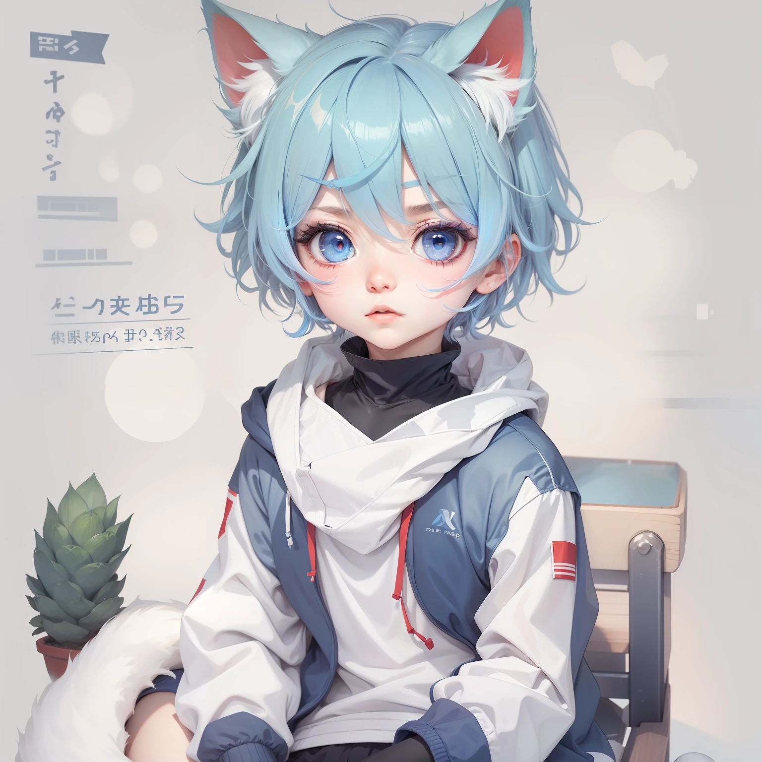 Shota,leisure wear,white skinned,Be red in the face,dark-blue hair,blue color eyes,tilts your head,full bodyesbian,White outside,cat ear,quadratic element,adolable,sprout,Need