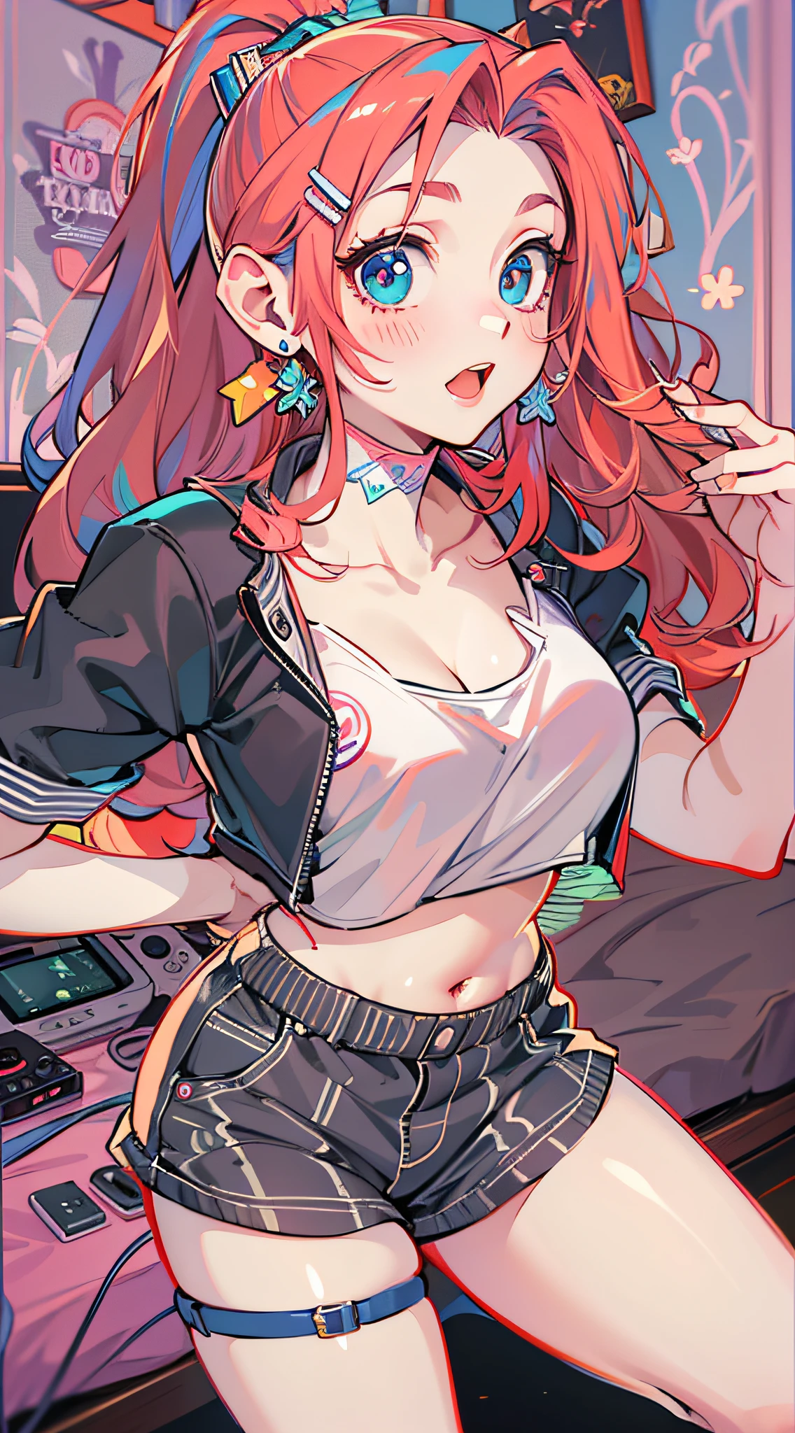 ((Masterpiece)), best quality, absurderes, ultra detailed, super beautiful girl with beautiful eyes and beautiful multicolored hair, high ponytail, nice and sexy body, wearing tight boxers with cute drawings and a strapless crop top with an anime drawing, beautiful hair ornament, full body, sexy pose, flirting with viewer, in a bedroom with a video game console and cute plushies