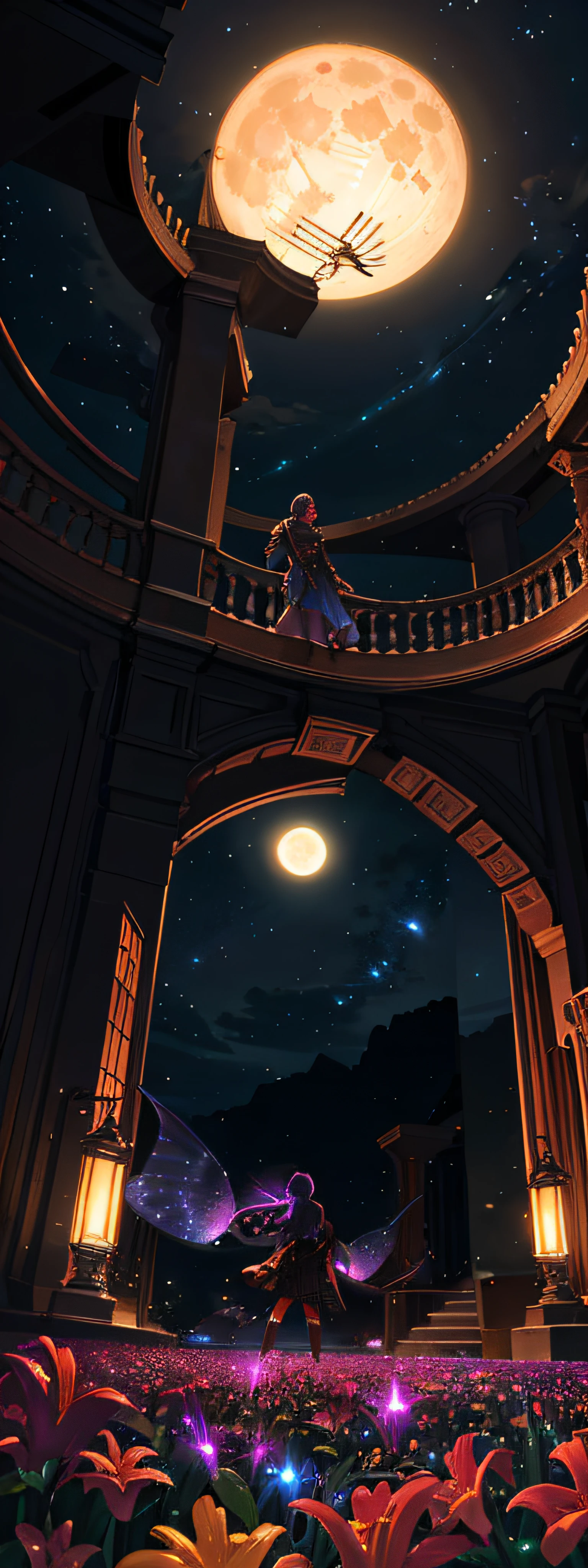 expansive landscape photograph , (a view from below that shows sky above and open field below), a girl standing on flower field looking up, (full moon:1.2), ( shooting stars:0.9), (nebula:1.3), distant mountain, tree BREAK
production art, (warm light source:1.2), (Firefly:1.2), lamp, lot of purple and orange, intricate details, volumetric lighting, realism BREAK
(masterpiece:1.2), (best quality), 4k, ultra-detailed, (dynamic composition:1.4), highly detailed, colorful details,( iridescent colors:1.2), (glowing lighting, atmospheric lighting), dreamy, magical, (solo:1.2)