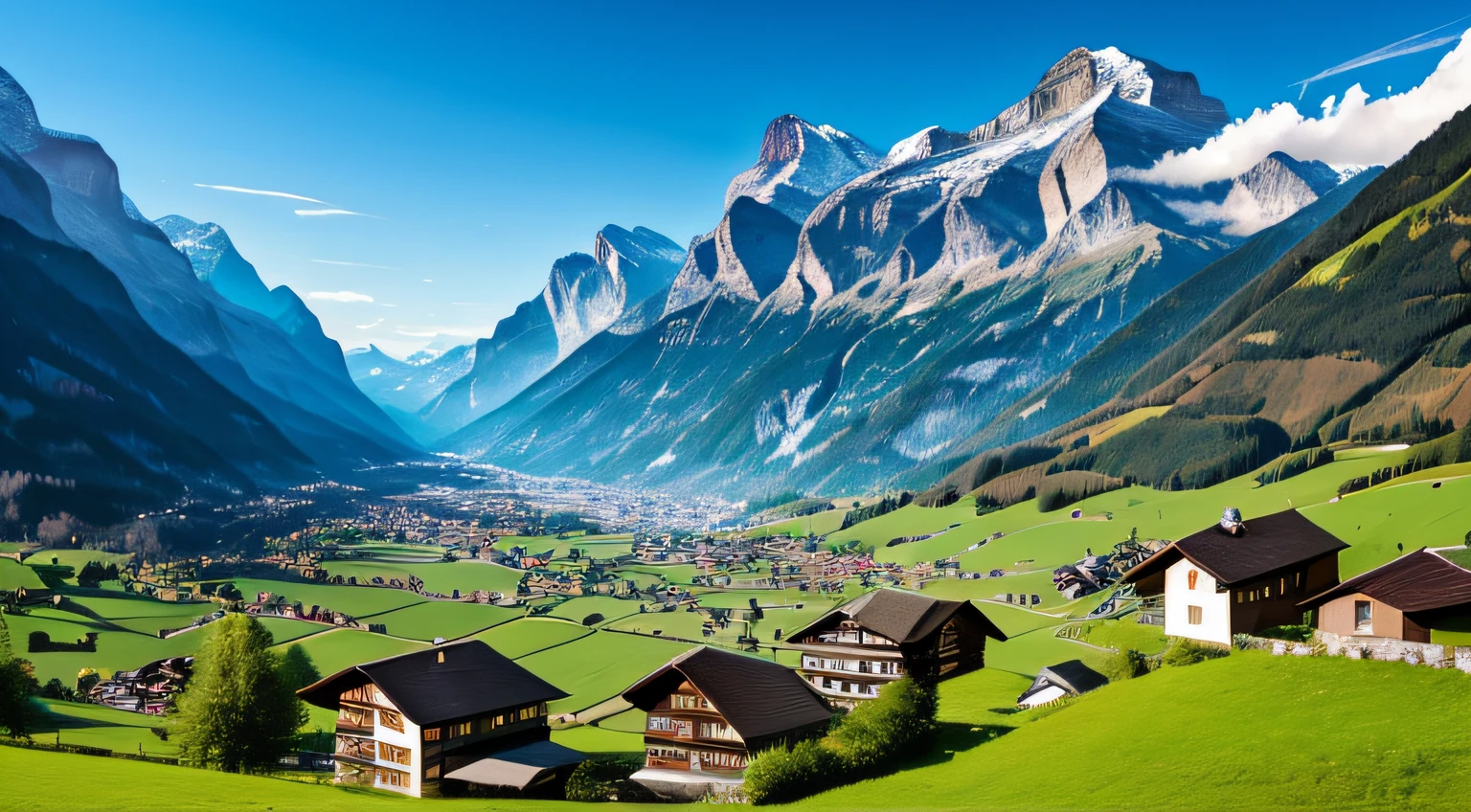 mountains and valleys with houses in the foreground and a valley in the background, lauterbrunnen valley, swiss alps, in the swiss alps, lovely valley, switzerland, alpine scenery, by Karl Stauffer-Bern, lush valley, very beautiful scenery, beautiful high resolution, majestic nature scenery, very very beautiful scenery, swiss architecture, beautiful scenery, incredibly beautiful --auto