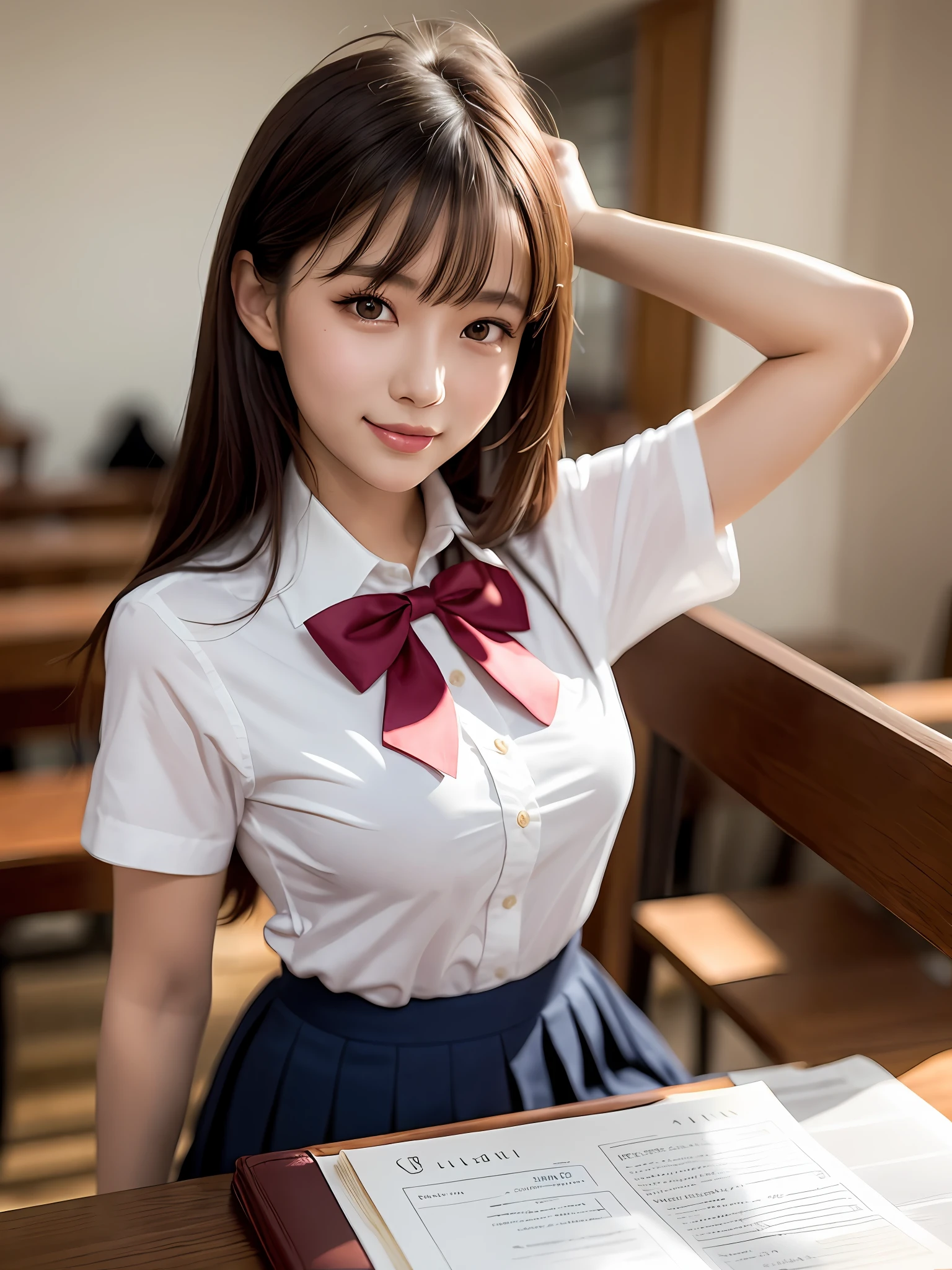 masterpiece, 1girl in 1photo, upper body shot, front view, young pretty girl in Japan, 18 years old, studying in a library of a high school with a historical record book on the desk, a big smile, glamorous figure, wearing a short sleeve shiny satin white shirt with white collar, a shiny red satin plain bow tie, wearing a long length dark blue pleated skirt, super cute face, glossy lips, double eyelids for both eyes, natural makeup, long eyelashes, shiny smooth light brown hair of long bob hairstyle, asymmetrical bangs, tanned skin, center image, 8K resolution, high resolution, detailed hairstyle, detailed face, spectacular movie lighting, octane rendering, vibrant, hyper realistic, perfect limbs, perfect anatomy