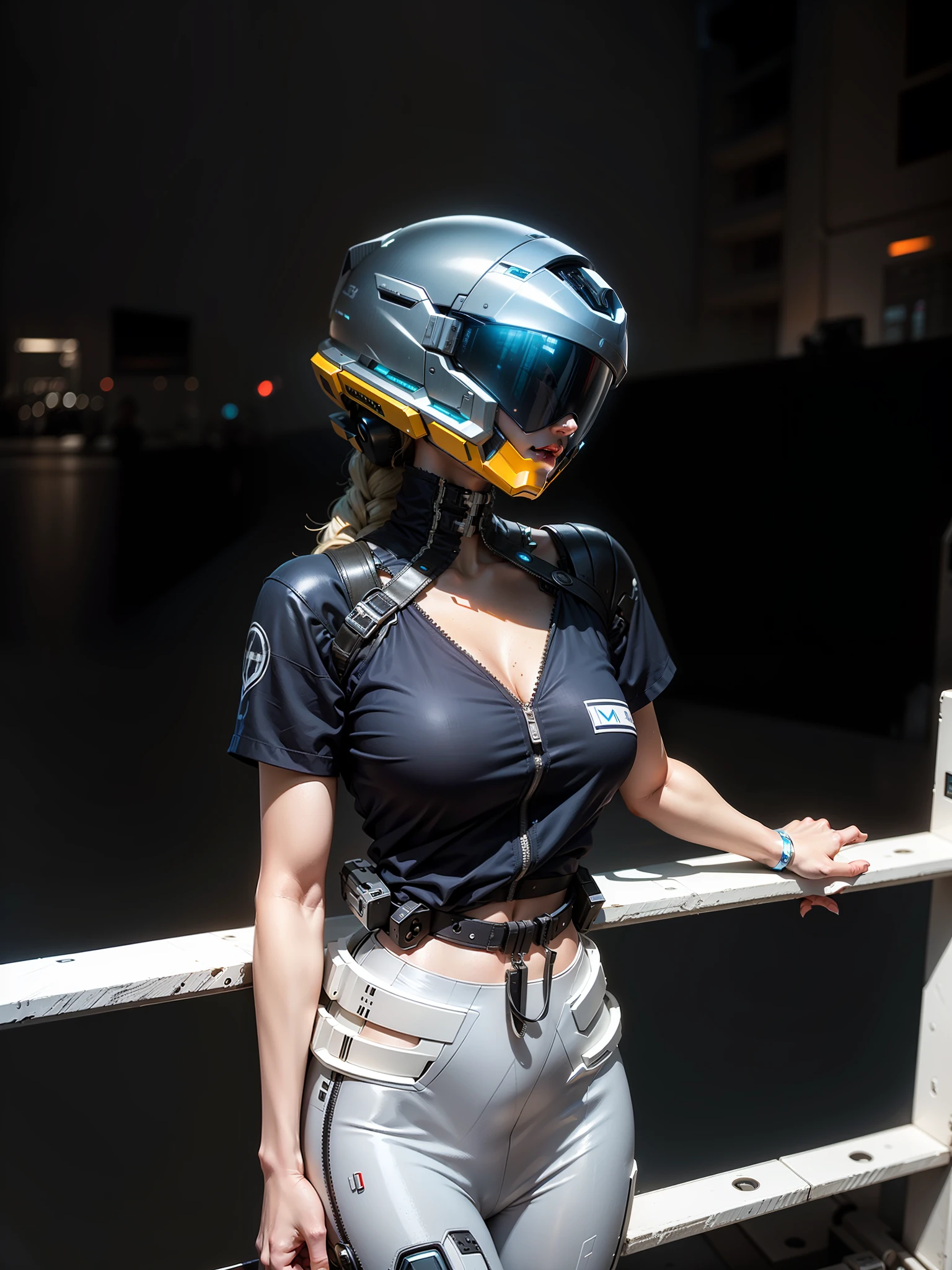 Sexy Cyber Warrior,Long flowing blonde hair,White cyberpunk high-tech mech costume,White cyberpunk faceless helmet,Biomechanicals, MSHN Robot Woman,High-tech helmet,hyper realisitc, Steel, Complex design, insanely details, finely detailled, Extremely clear lines, cinmatic lighting, photograph realistic, A detailed masterpiece