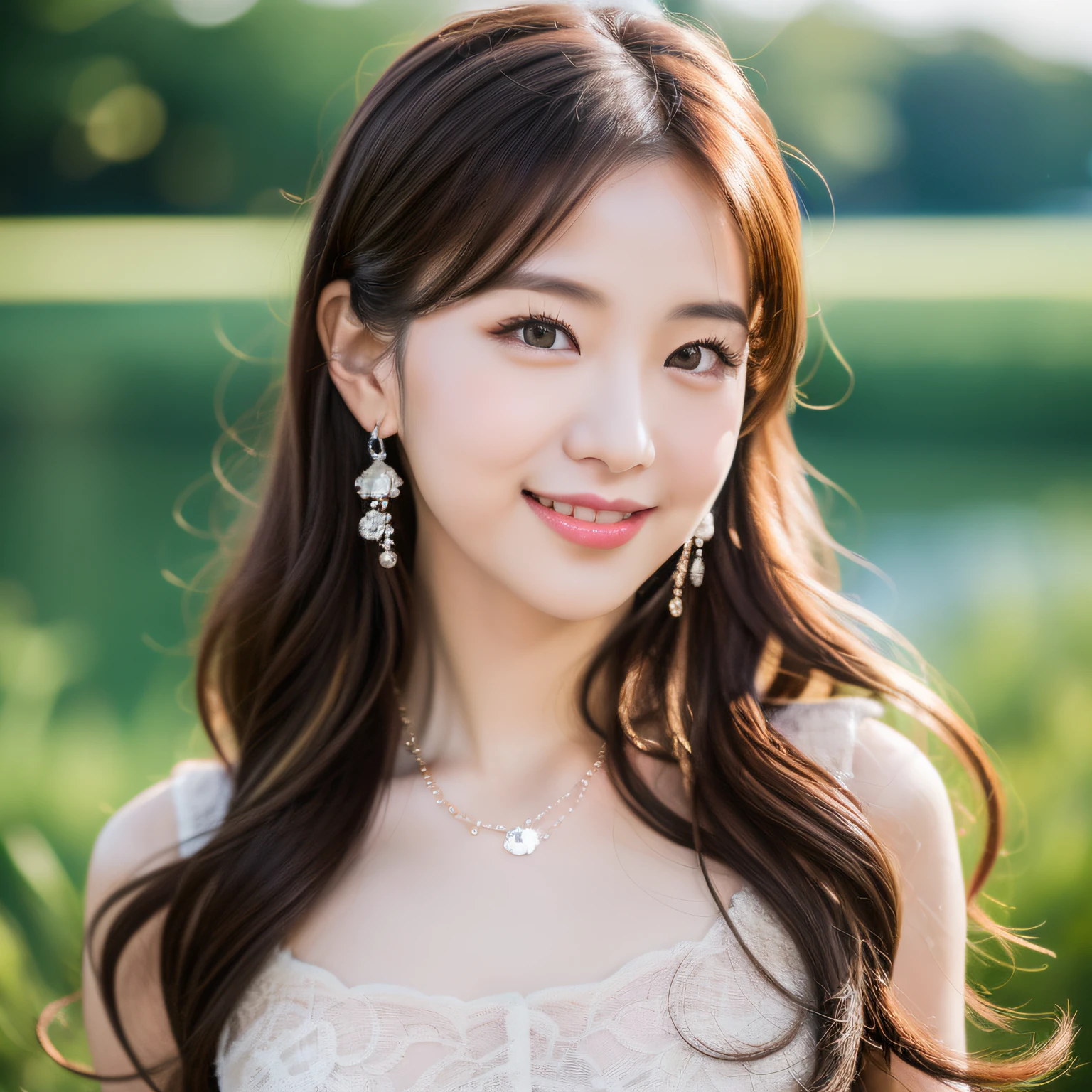 Best, Masterpiece, High Resolution, 1 Girl, Blush, (Seductive Smile: 0.8), Hair Accessory, Necklace, Jia, Tyndall Effect, Realism, Light Edge, Two-tone Lighting, (High Detail Skin: 1.2), 8K Ultra HD, DSLR, High Quality, Volume Lighting, Sneak Peek, Photo, High Resolution, 4K, 8K, Background Bokeh, Gorgeous Clothes, Earrings, 35mm, High Detail Hair, Upper Body, Bust, Portrait, Ultra Clear Face, (Lakeside, Meadow)