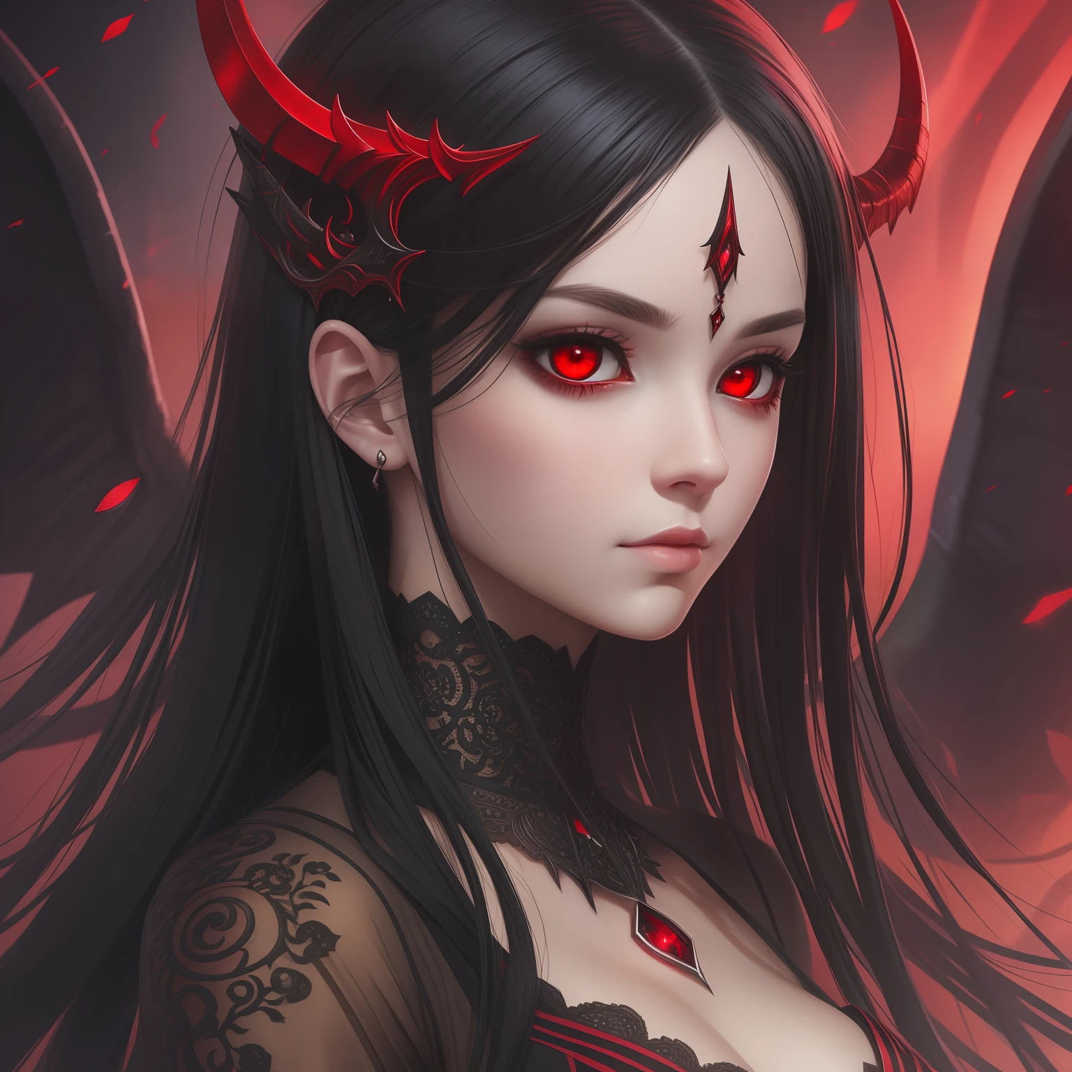 Realistic, (Masterpiece, Top Quality, Best Quality, Official Art, Beautiful and Aesthetic: 1.2), Very Detailed, a demon girl, black hair, red eyes, hell background
