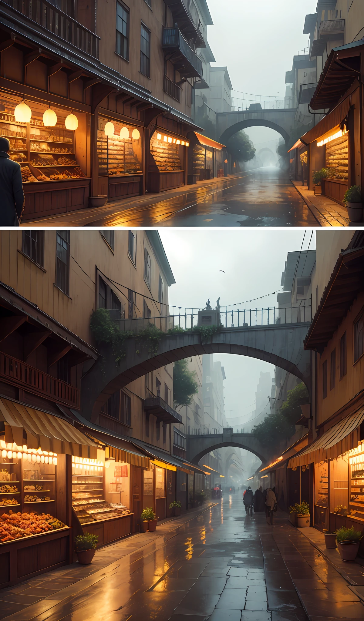 ((masterpiece)),((best quality)),((high detial)),((realistic,)) Industrial age city,Deep valley in the middle,architectural streets,bazaars,Bridges,rainy sky,steampunc,European-style architecture,Steel Forest,boisterous,4K,ultraclear