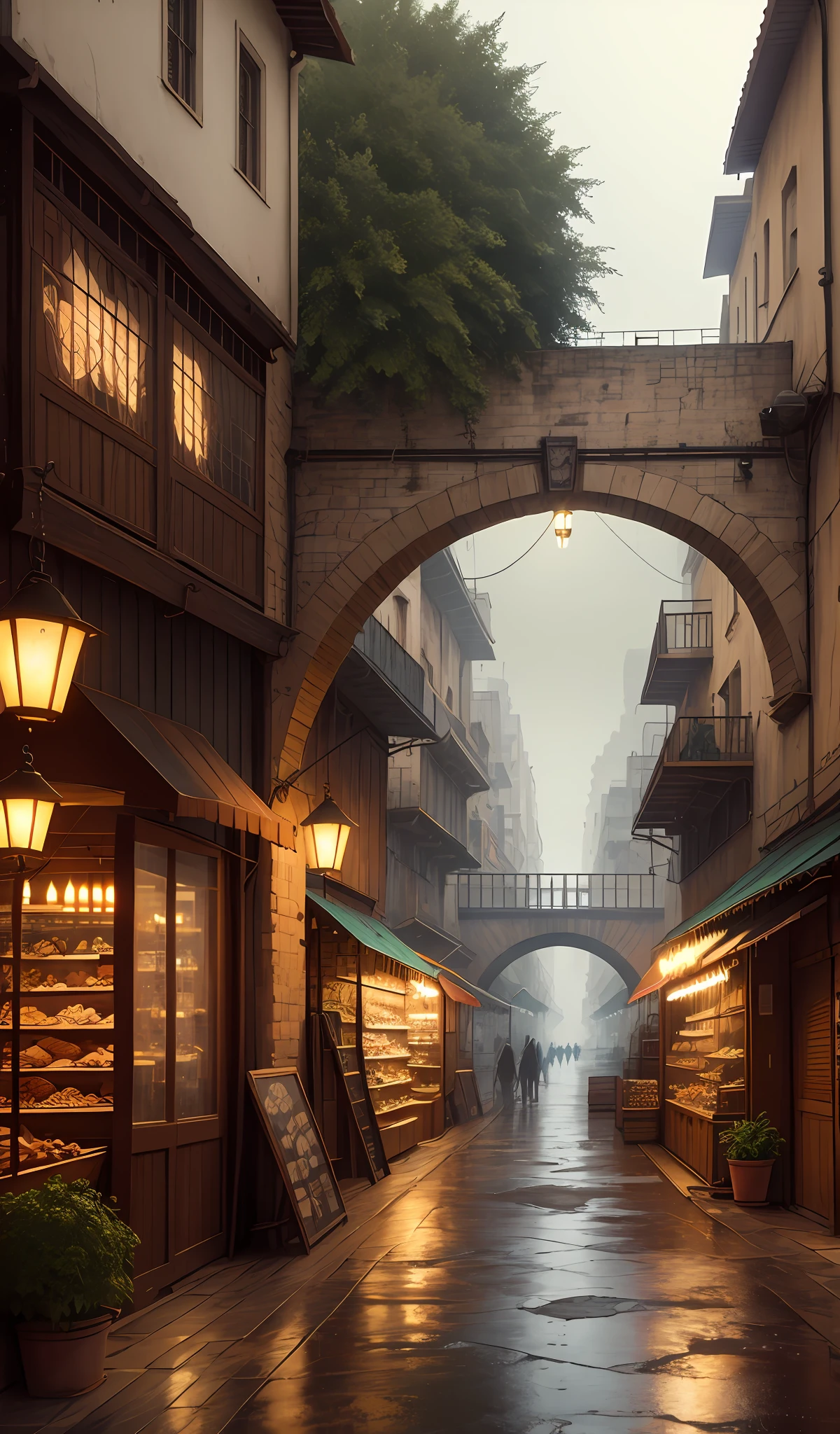 ((masterpiece)),((best quality)),((high detial)),((realistic,)) Industrial age city，Deep valley in the middle，architectural streets，bazaars，Bridges，rainy sky，steampunc，European-style architecture，Steel Forest，boisterous，4K，ultraclear