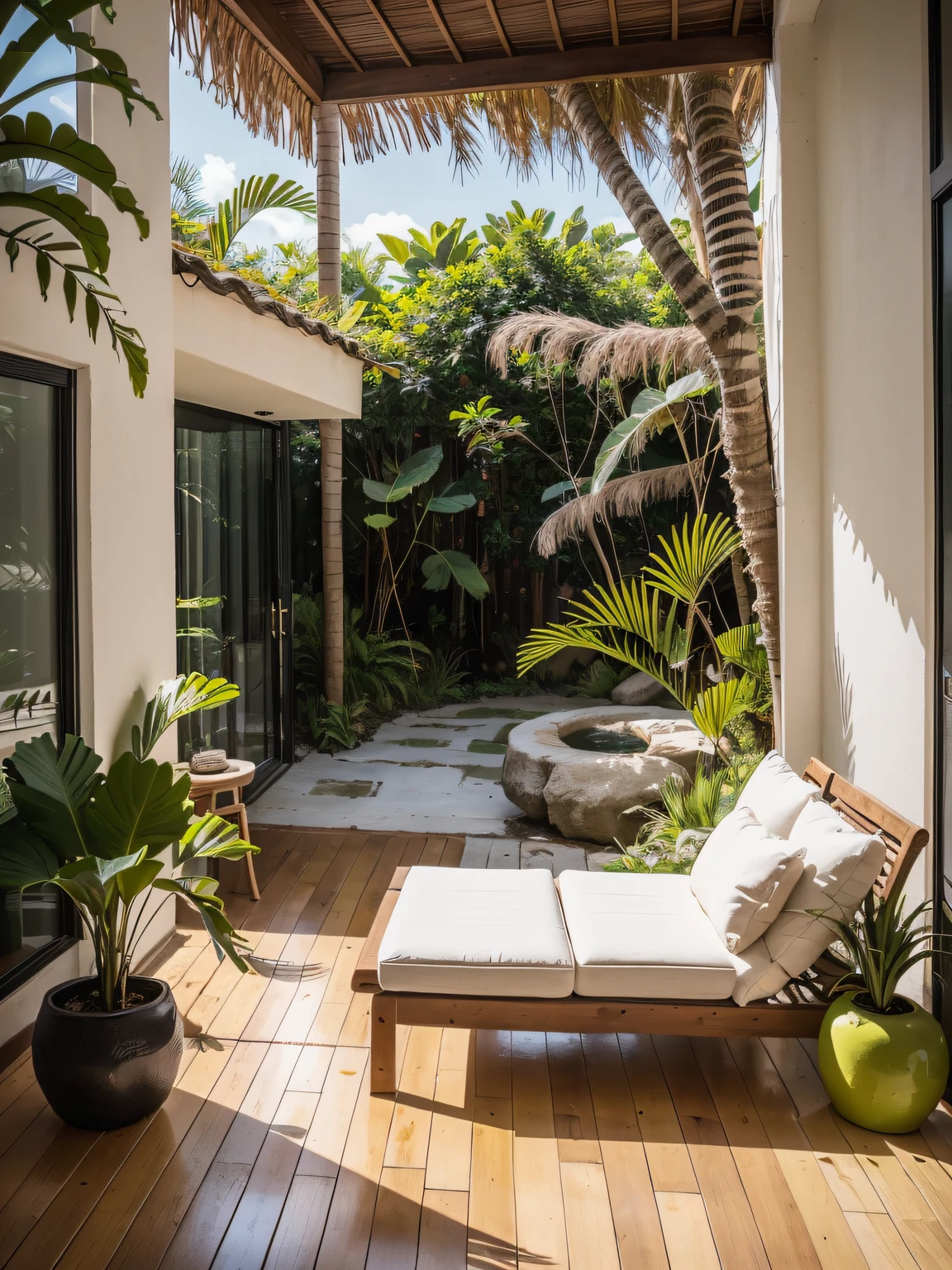 The spacious resort suite is abundant with tropical flora. Buttery orchids in shades of yellow and orange sit atop the raw wooden bedside tables, their sweet fragrance mixing with the scent of frangipani flowers clustered near the doorway. Delicate vines with purple blooms trail down from woven grass wall sconces above the plush king bed, complementing the vibrant patterns on the silk pillows.

Floor-to-ceiling windows provide views of the surrounding rainforest’s lush green canopy, bromeliads clinging to ancient tree trunks. The Balinese daybed is tucked into an alcove near potted bamboo palms and rubber plants. Pink hibiscus blossoms float in a carved wooden bowl, scenting the air beside the oversized bathtub. Touches of living plants enhance the tranquility of the airy bedroom, seamlessly bridging the indoor luxury with the vibrant jungle.