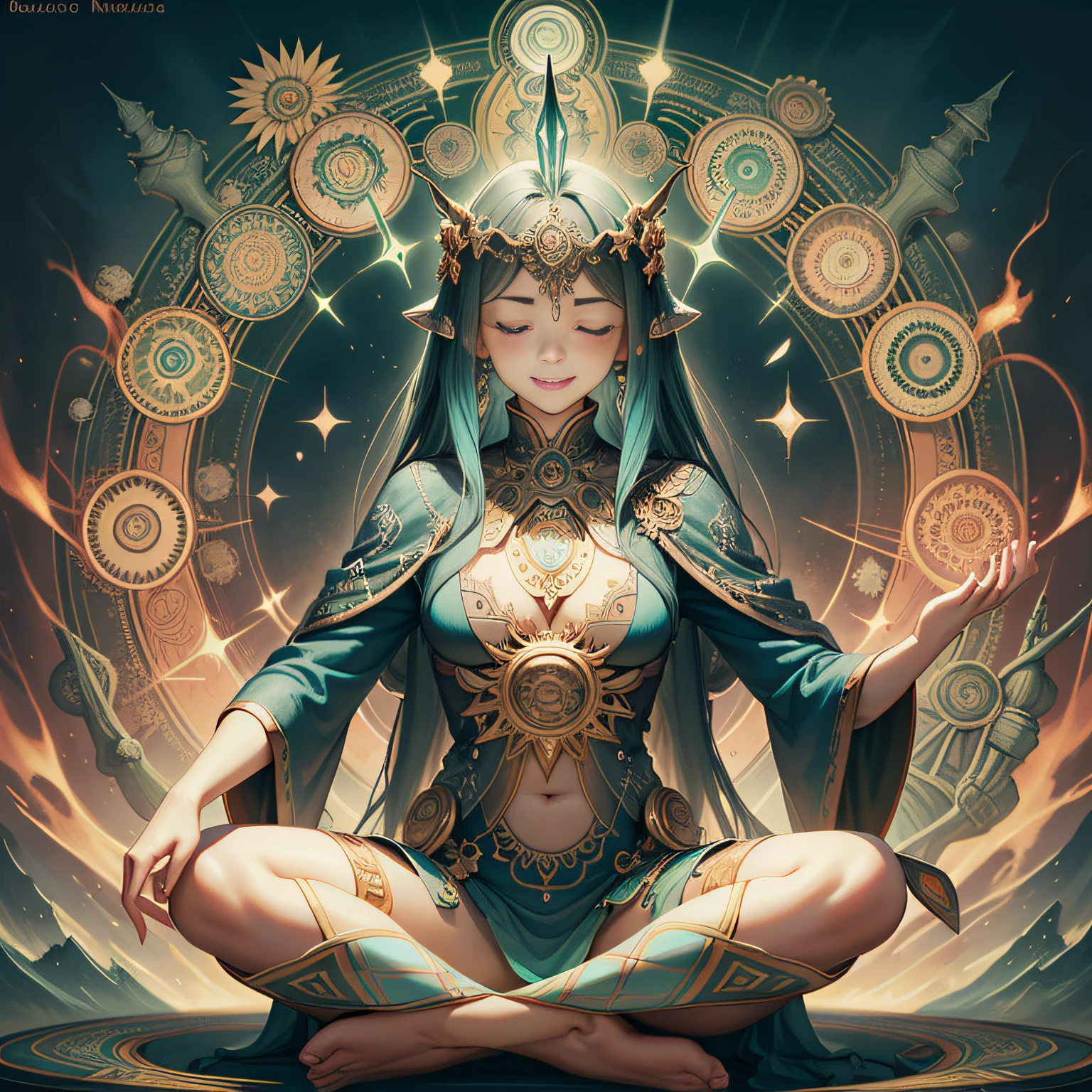 dozens of people, Closed eyes, (Smile:1.0) Sitting in a position of meditation, with aura fire flames turquoise, Gold and red, Glowing energy flows through their bodies，Radiate around them, chakras and mandalas, art by peter mohrbacher and Cyril Rolando,
(Best quality, Masterpiece, Ultra detailed, A high resolution, cinematic experience, Intricate details, absurderes:0.8)，The background has a genetic helix set