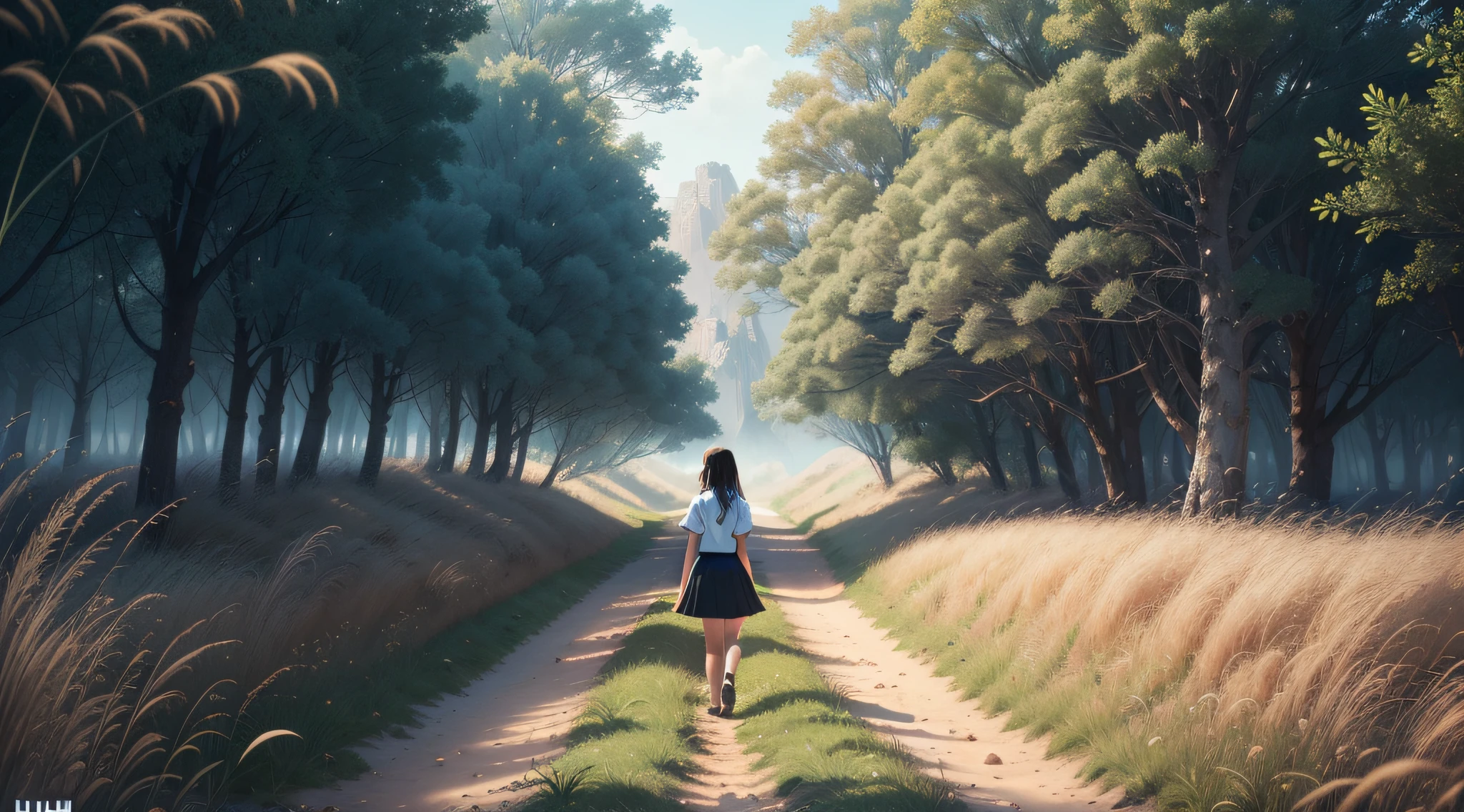 ((masterpiece)), (((best quality))), ((ultra-detailed)), (Amazing:1.1), 14mm f1.2 lens, ((((A high school girl with a full body back shot walks in the wilderness)))), ((A beautiful high school girl lost in a surreal world of dreamlike landscapes)), (17 yr old), (((((An endless grassy road))))), wind flow, (((wearing simple school uniform))), black hair, 8 life size, detailed hairstyles, detailed bodyline, realistic, (((fantasy))), frontier, surrealism, (magnificent space), ultra wide view, concept art, raw, detailed background, complex background, wallpaper, poster, sharp focus, hyperrealism, insanely detailed, lush detail, filigree, intricate, crystalline, perfectionism, max detail, 4k uhd,