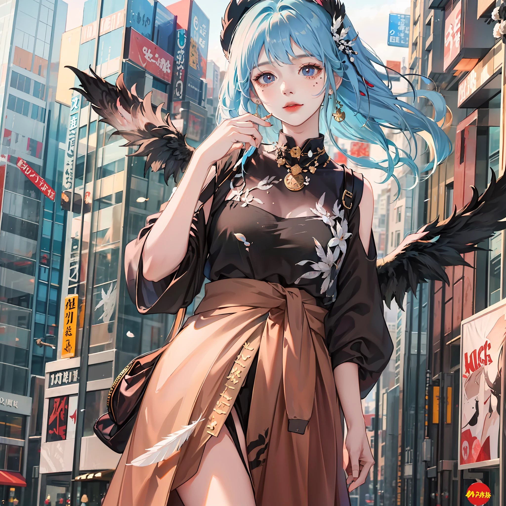 Colored hair, Girl, different pupil, Colorful wings, Wear colored coins around the waist The wings are white with colored feathers at the end There are tear moles mature