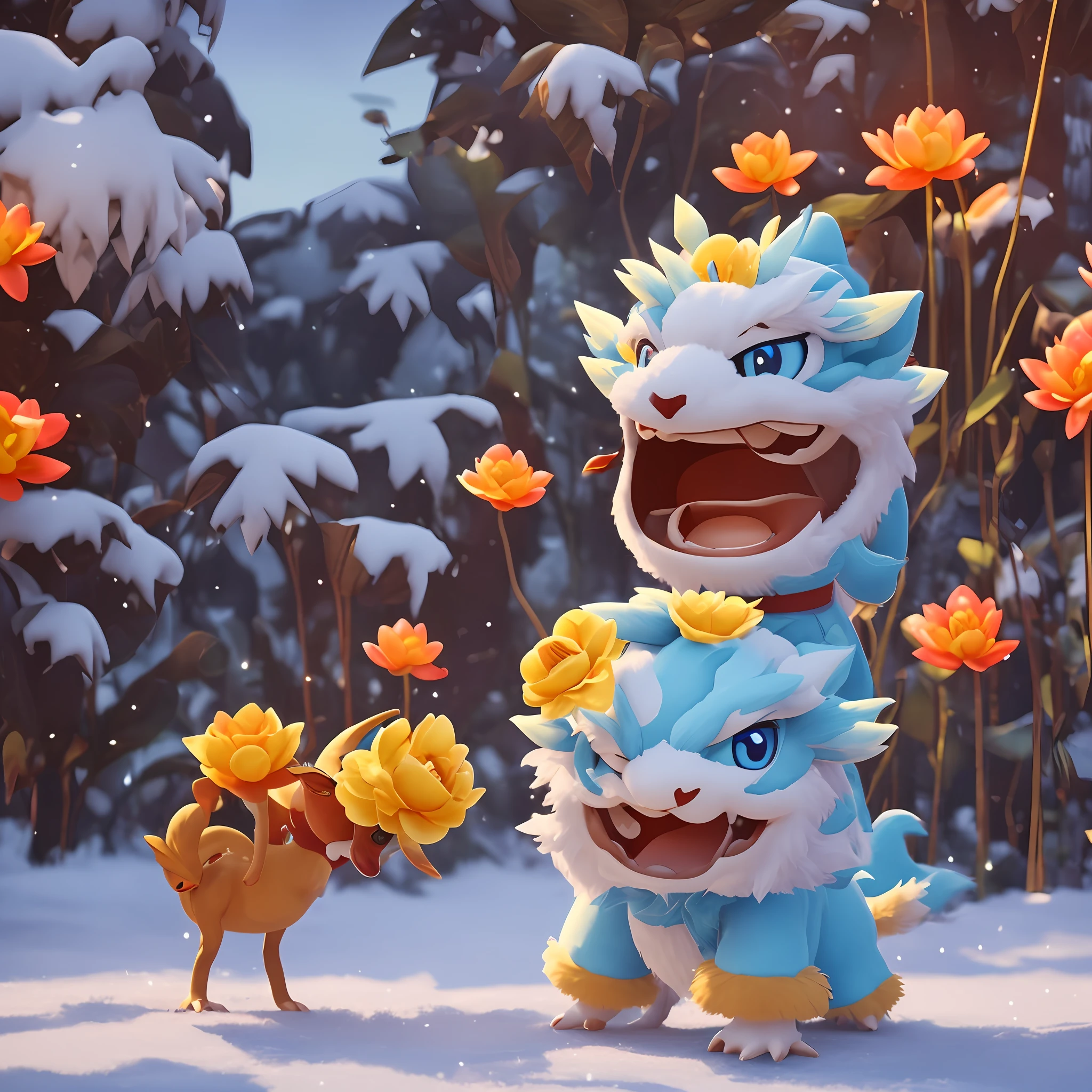 8K image level，Octane rendering，Little cute anthropomorphic white furry Chinese dragon，Wearing a light blue hat，Wearing a blue wedding dress，Symmetrical ears，Big eyes are smart，Sweet smiley face，Holding a lotus flower，Standing in the scene of the Lunar New Year，Fluffy snow，complexdetails，Soft cinematic lighting，Pokemon animation style，unreal engine rendered，high high quality。