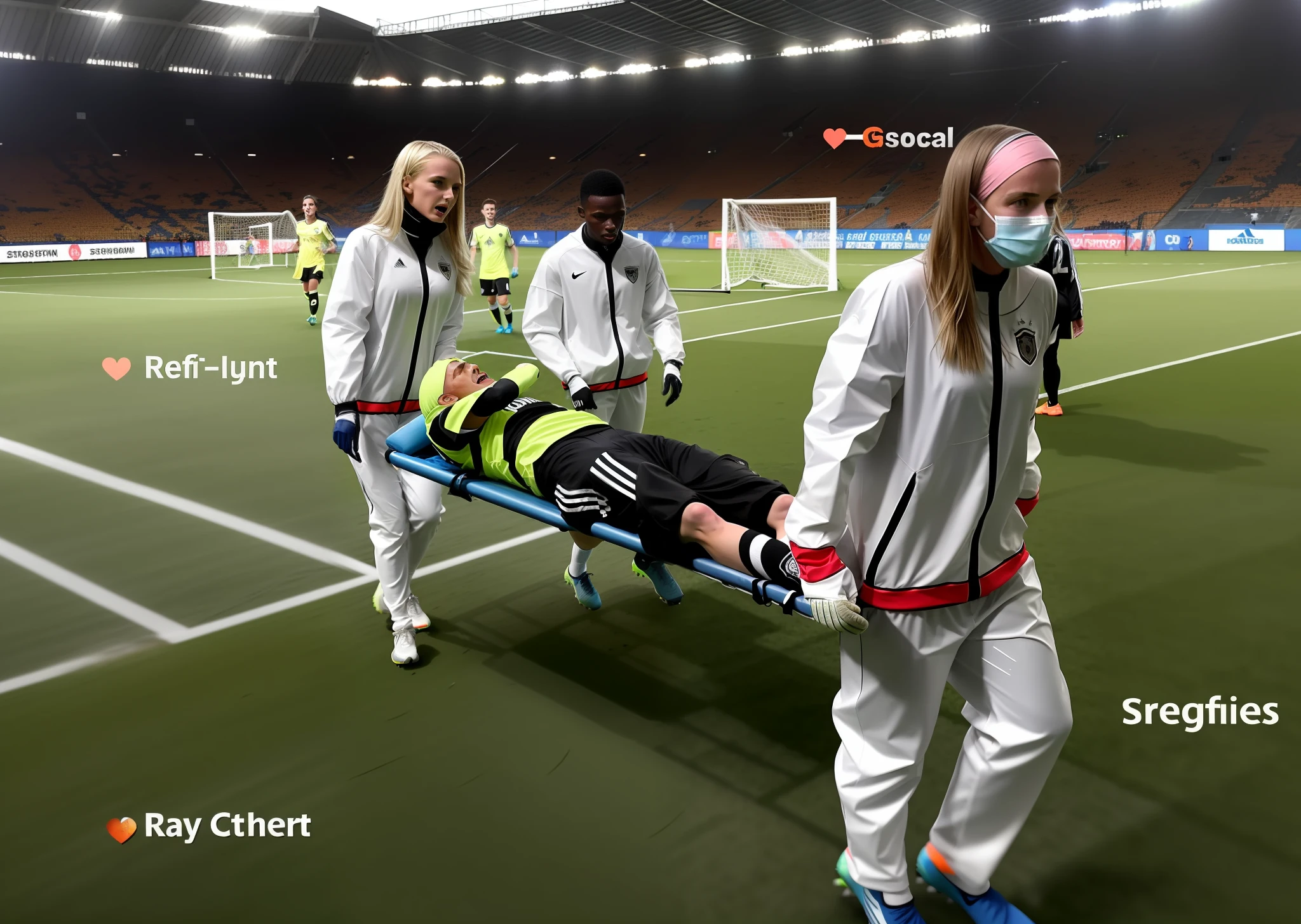 soccer, sports injury, theatralic erotic action, intense erotic scene, erotic pose, a love scene, passionate loving action, erotic, an injured soccer-boy in matte cotton sportswear is rearing up in pain on a stretcher, an injured soccer-boy in matte cotton sportswear is rearing up in pain on a stretcher that is carried by two girls in white rubber rainsuits, there are two girls in white shiny pvc-rainsuits, two terrified but attractive girls in shiny white plastic-rainsuits are evacuating an injured soccer-boy from a soccer field, an injured soccer-boy in matte cotton sportswear is rearing up in pain on a stretcher while he is evacuated from the field of play by two attractive girls who are wearinh wetlook white rubber rainsuits, an injured soccer-boy is crying in pain, two attractive girls in wet shiny plastic-rainsuits are giving first aid, dramatic action scene, first aid, injury, pain, agony, helping women, women carrying a man, attractive girls in shiny coats with lipstick and madeup smokey eyes, a consciousless german boy in a cotton shirt and a matte jeans, attractiveafrican girls are carrying a german boy in a stretchers, a matte clothed injured boy, a shorthaired boy with cotton t-shirt, a shorthaired boy needs to be carried while wearing matte sportswear