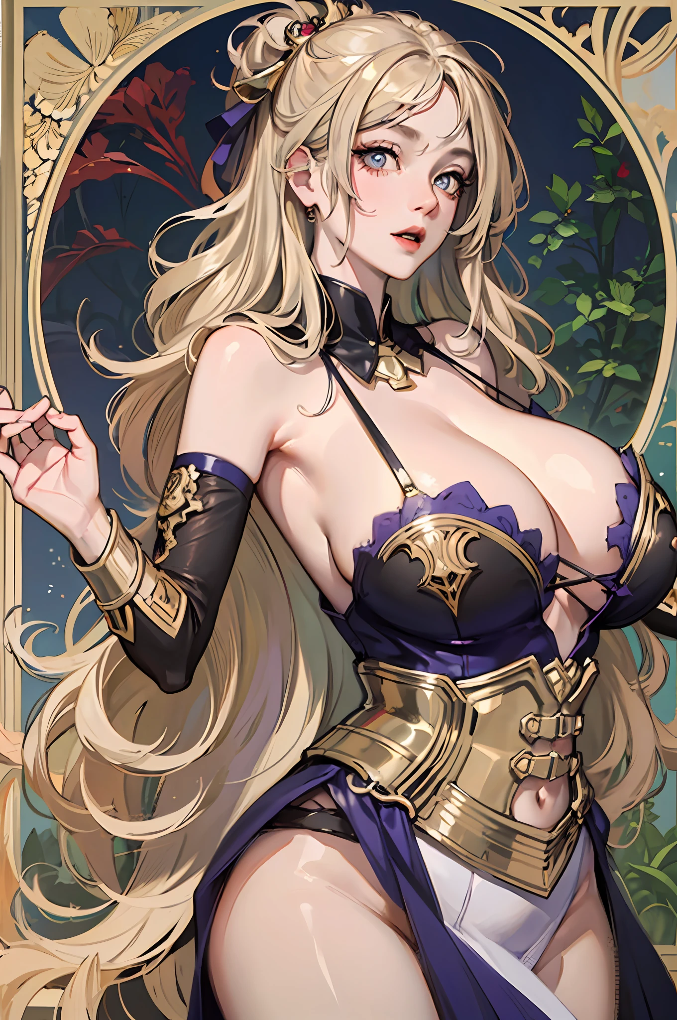Portrait of the face of a mature woman , Long curly blonde hair,Plump body,crisp breasts,鎖骨,huge tit,gigantic cleavage breasts,cleavage,Huge breast,white colors,Gold picture frame edge, Floral frame, Decorative panels, abstracted,waistup,Corset,Gold jewelry,Pedras preciosas,photorealestic,Artistically,An Alphonse Mucha's
(tmasterpiece,best qualtiy,A high resolution:1.4),the detail,complexdetails,4K,colored splashing,Line art,Fibonacci,