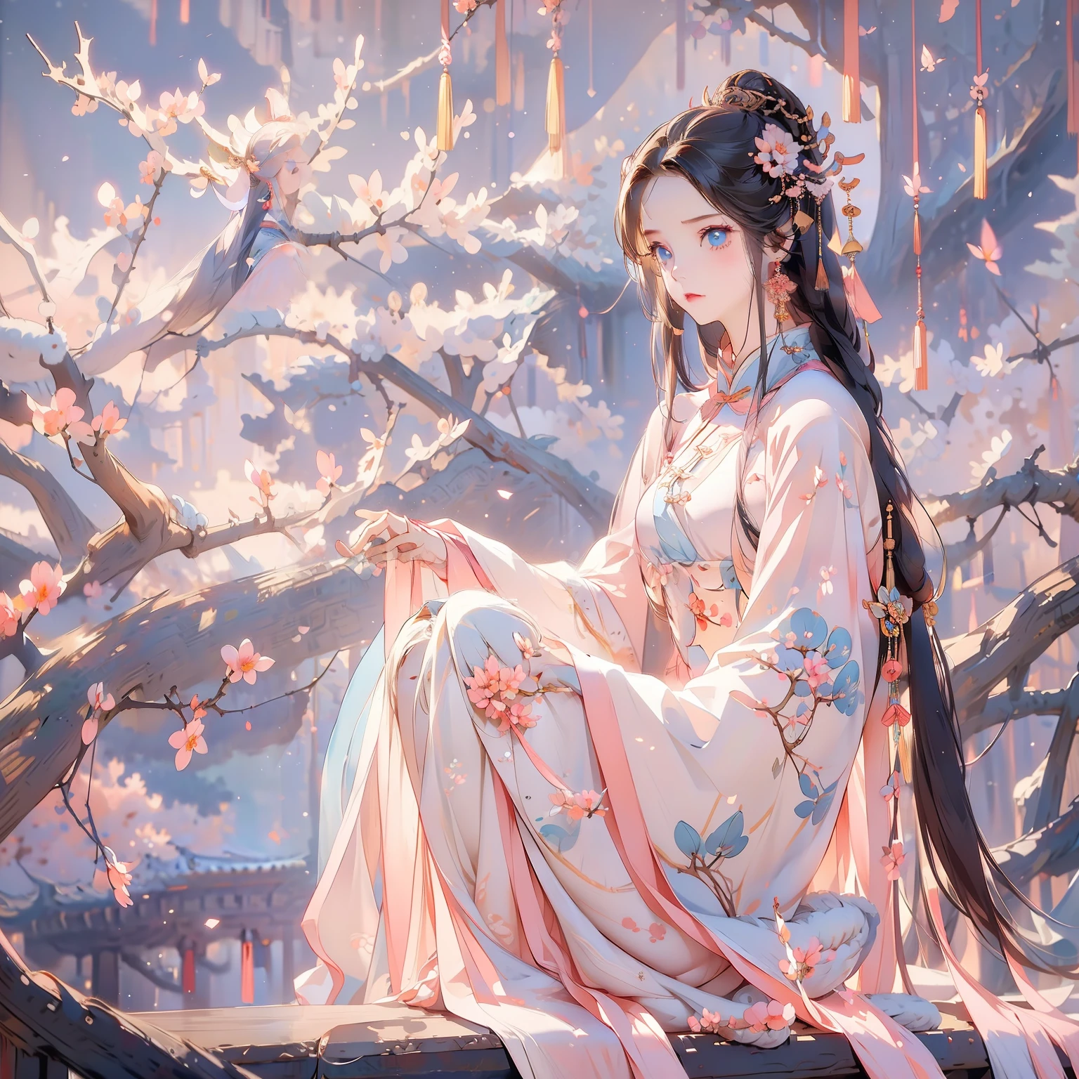 Light pink long straight hair,peach blossom,Delicate white Hanfu,Light blue eyes,Chinese Ancient Times,tmasterpiece,Need
