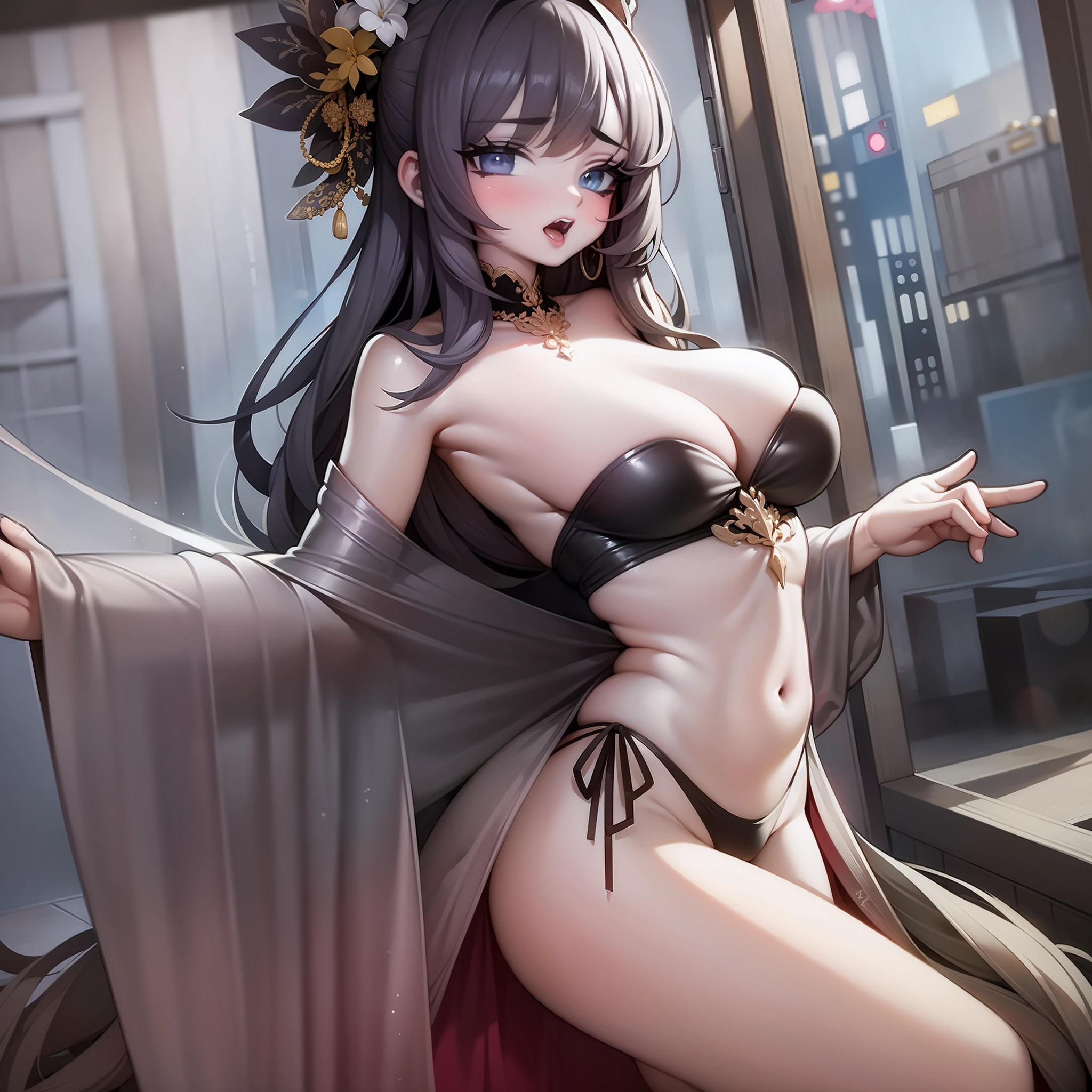 Tong,Bandeau,revealing buttocks,femele,Bigchest,Cleavage is seductive,climaxing,((No coat)),Very erotic dress-up
