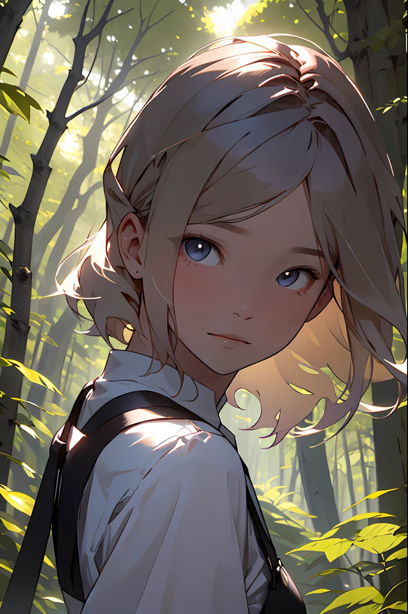 Girl in the forest and sunshine, shorth hair, Nice hairstyle